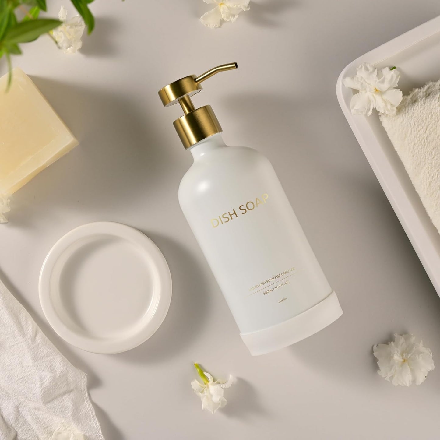 Glass Soap Dispenser Set by Janxin,Bathroom Soap Dispenser Set with Ceramic Tray,Luxury Bathroom