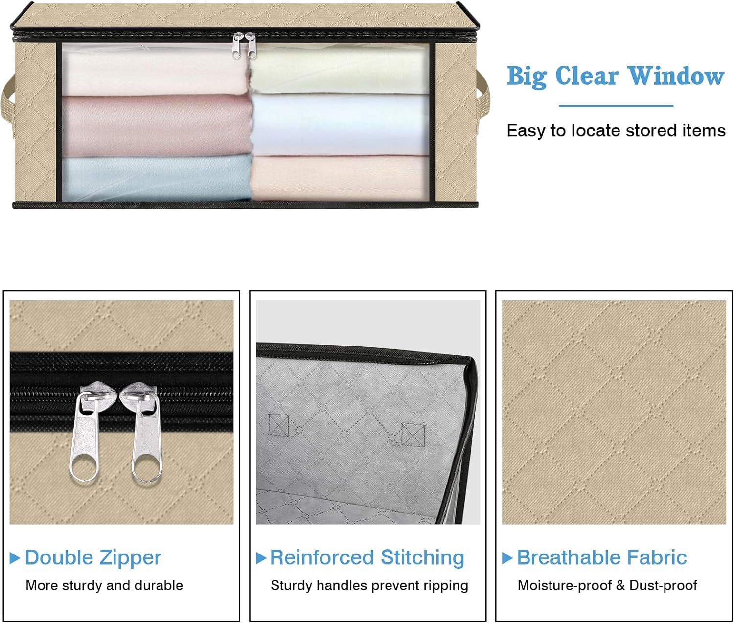 HomeHacks Storage 3-Pack Clothes Organizer Storage Bags Foldable Storage Box with Large Clear