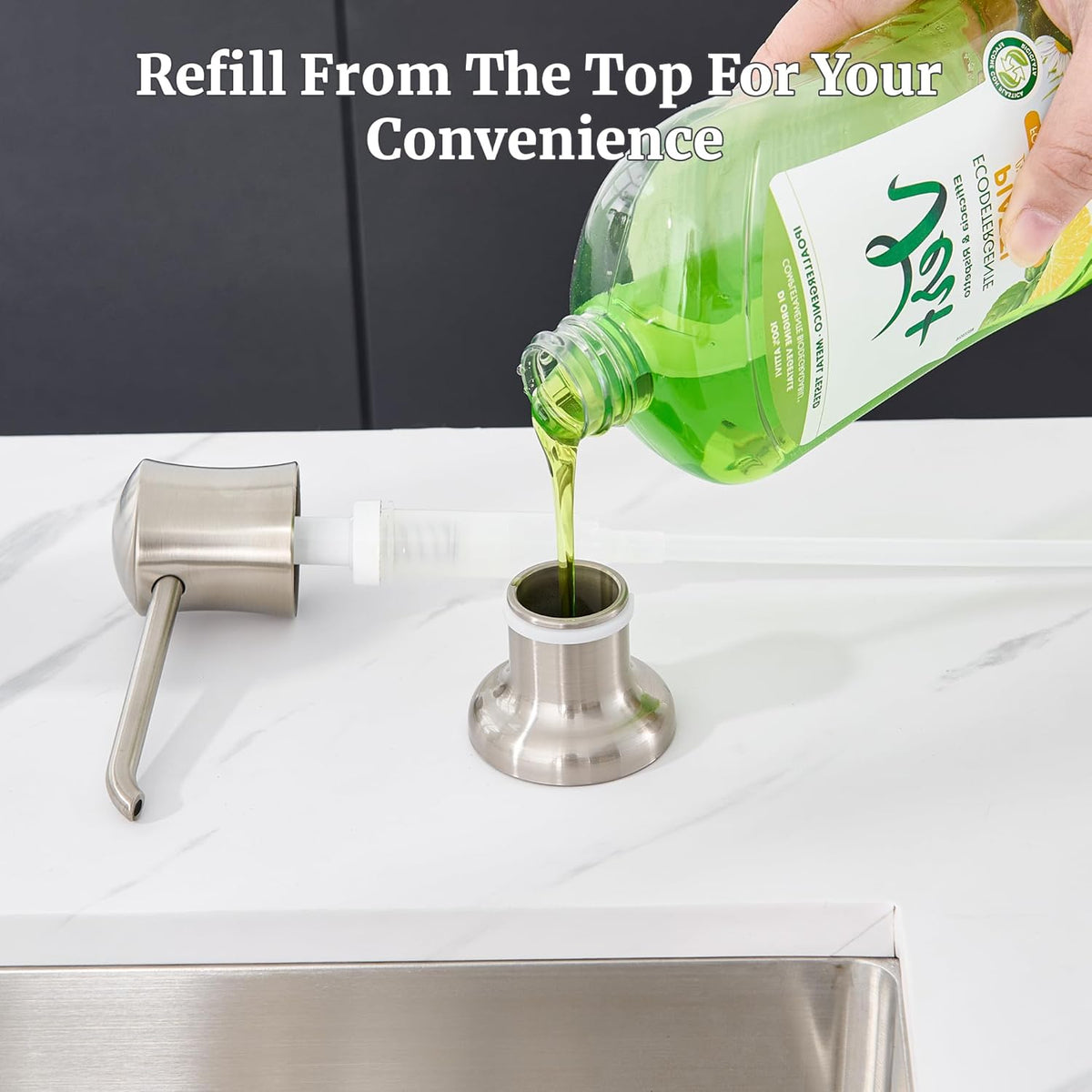 Soap Dispenser for Kitchen Sink Brushed Nickel, Built-in and Refill-from-Top Design with Liquid