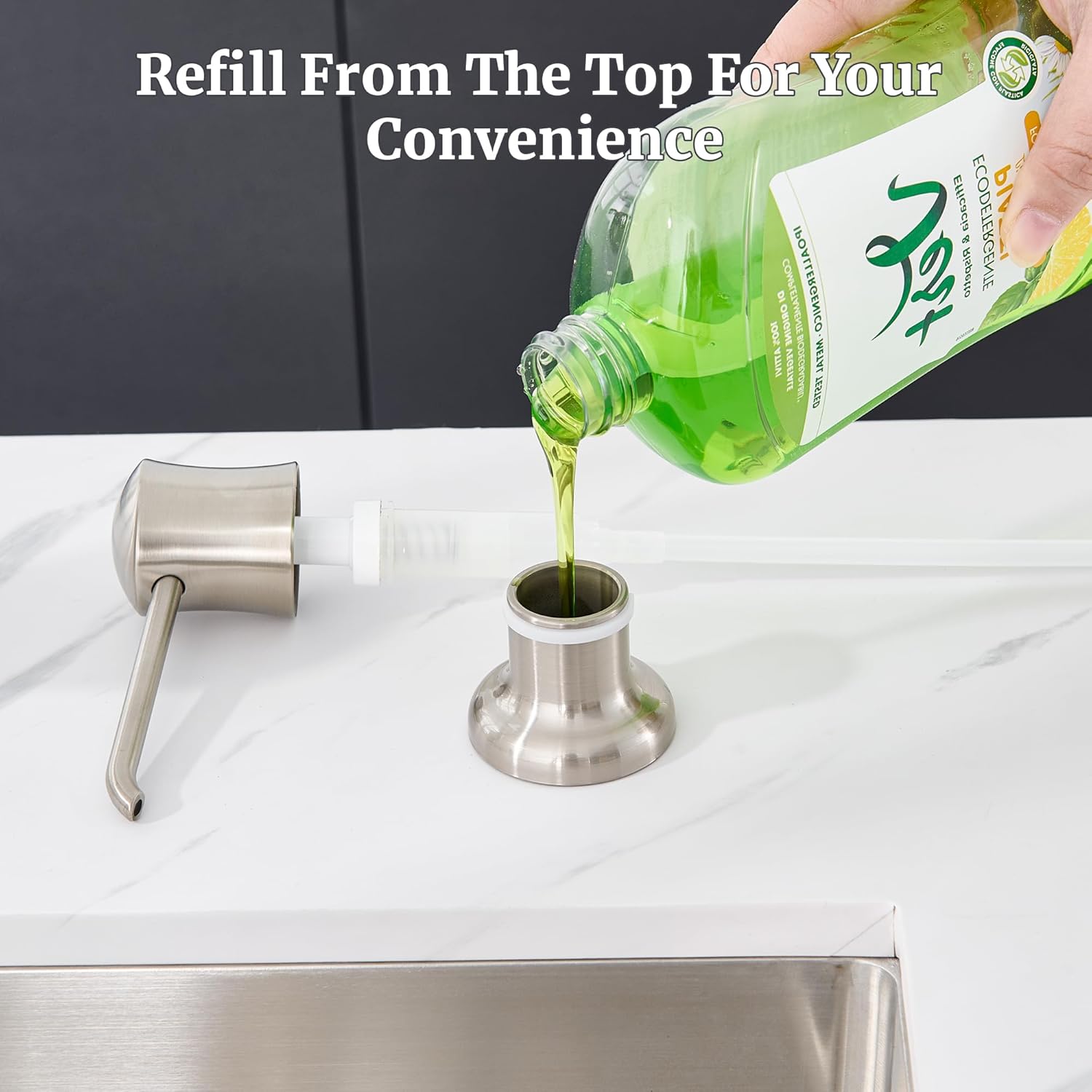 Soap Dispenser for Kitchen Sink Brushed Nickel, Built-in and Refill-from-Top Design with Liquid