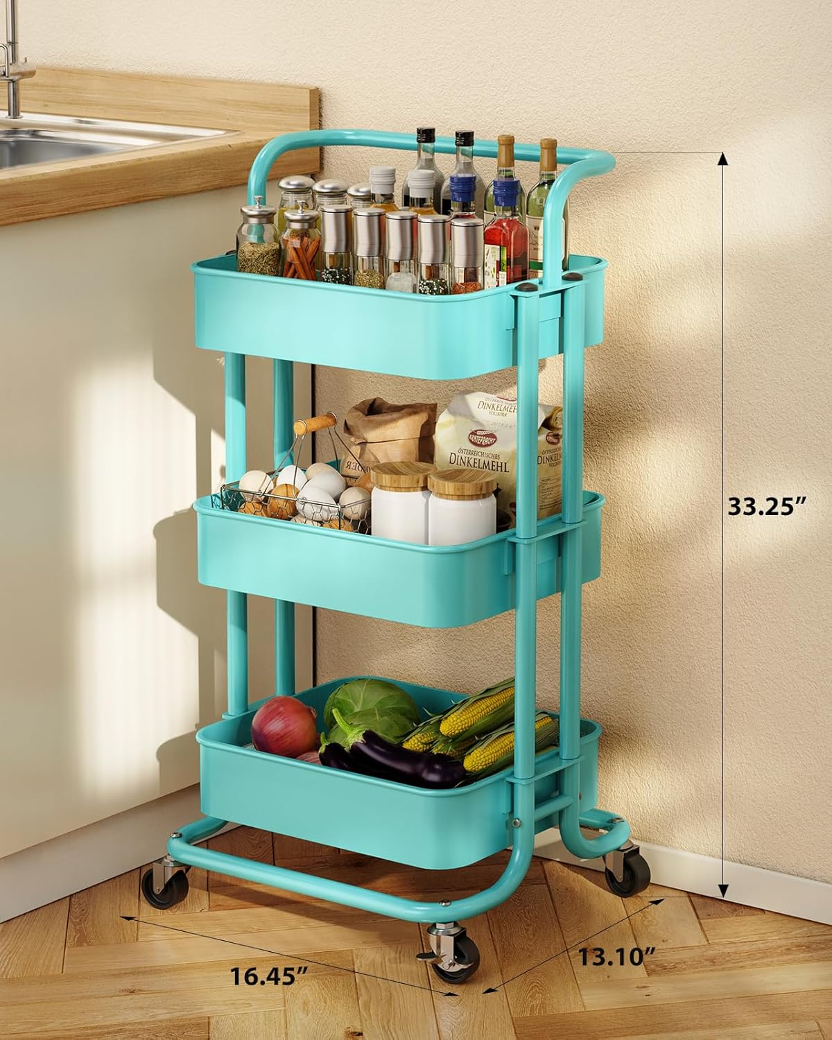 Pipishell 3 Tier Mesh Utility Cart, Rolling Metal Organization Cart with Handle and Lockable
