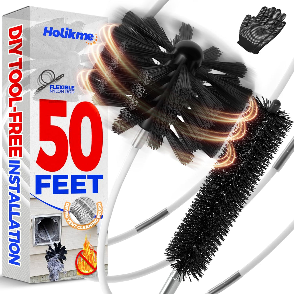 Holikme 50 Feet Dryer Vent Cleaner Kit Lint Remover Flexible Dryer Vent Cleaning Brush Extends Up