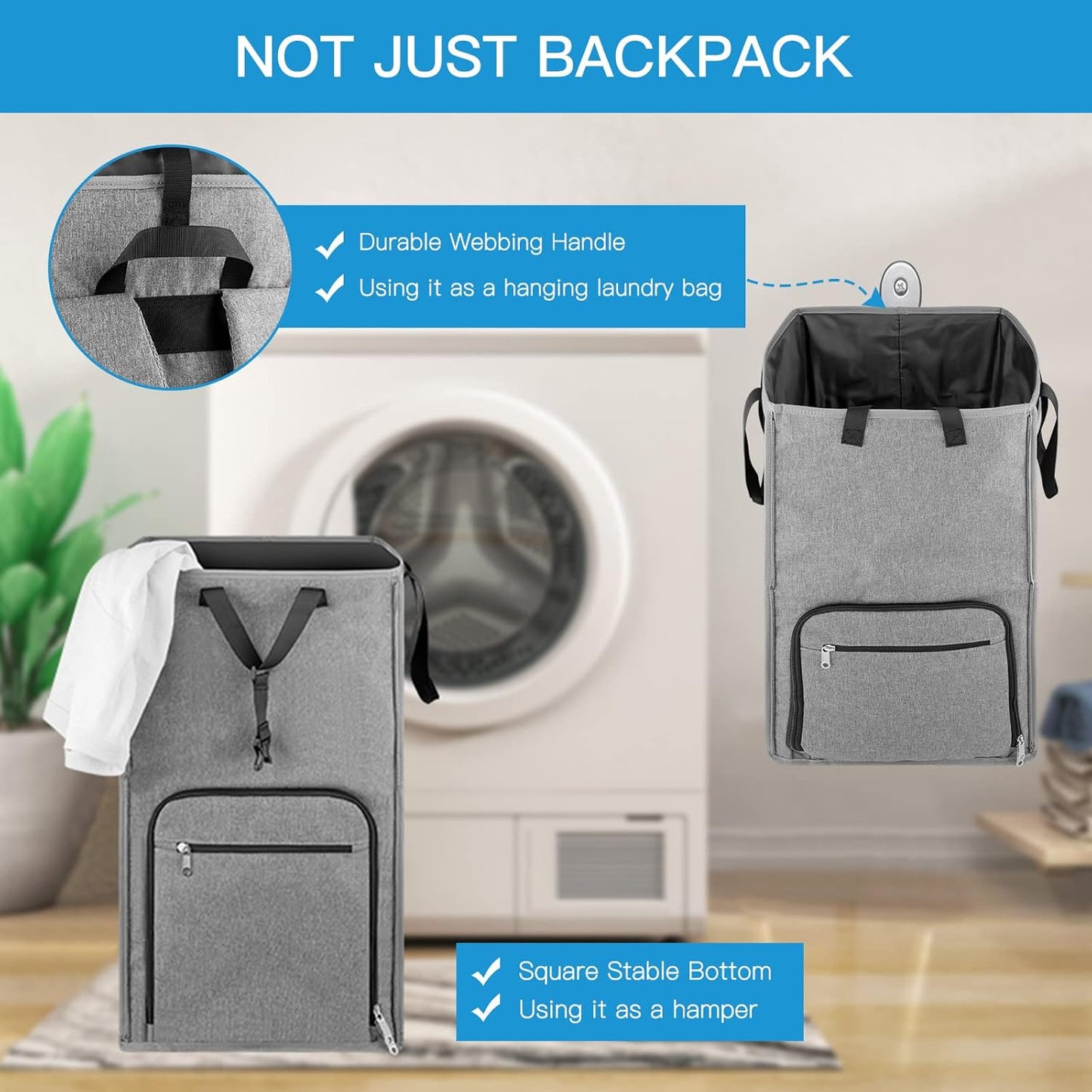 Laundry Backpack Bag, Bukere Extra Large 2 in 1 Laundry Hamper Basket for College Students Dorm