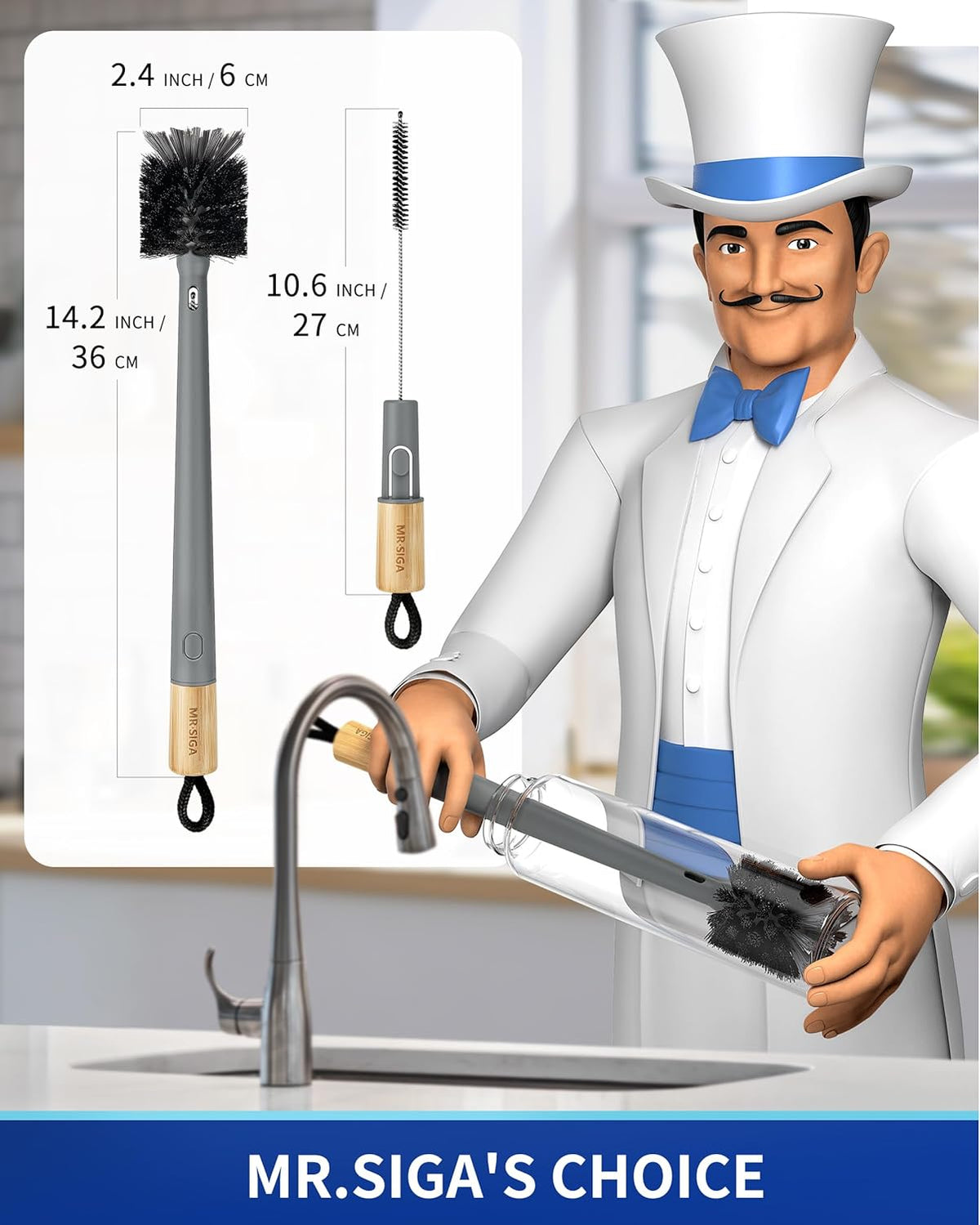MR.SIGA Water Bottle Brush and Straw Cleaner Brush, Long Handle Bottle Cleaner Brush, 2 in 1 Bottle