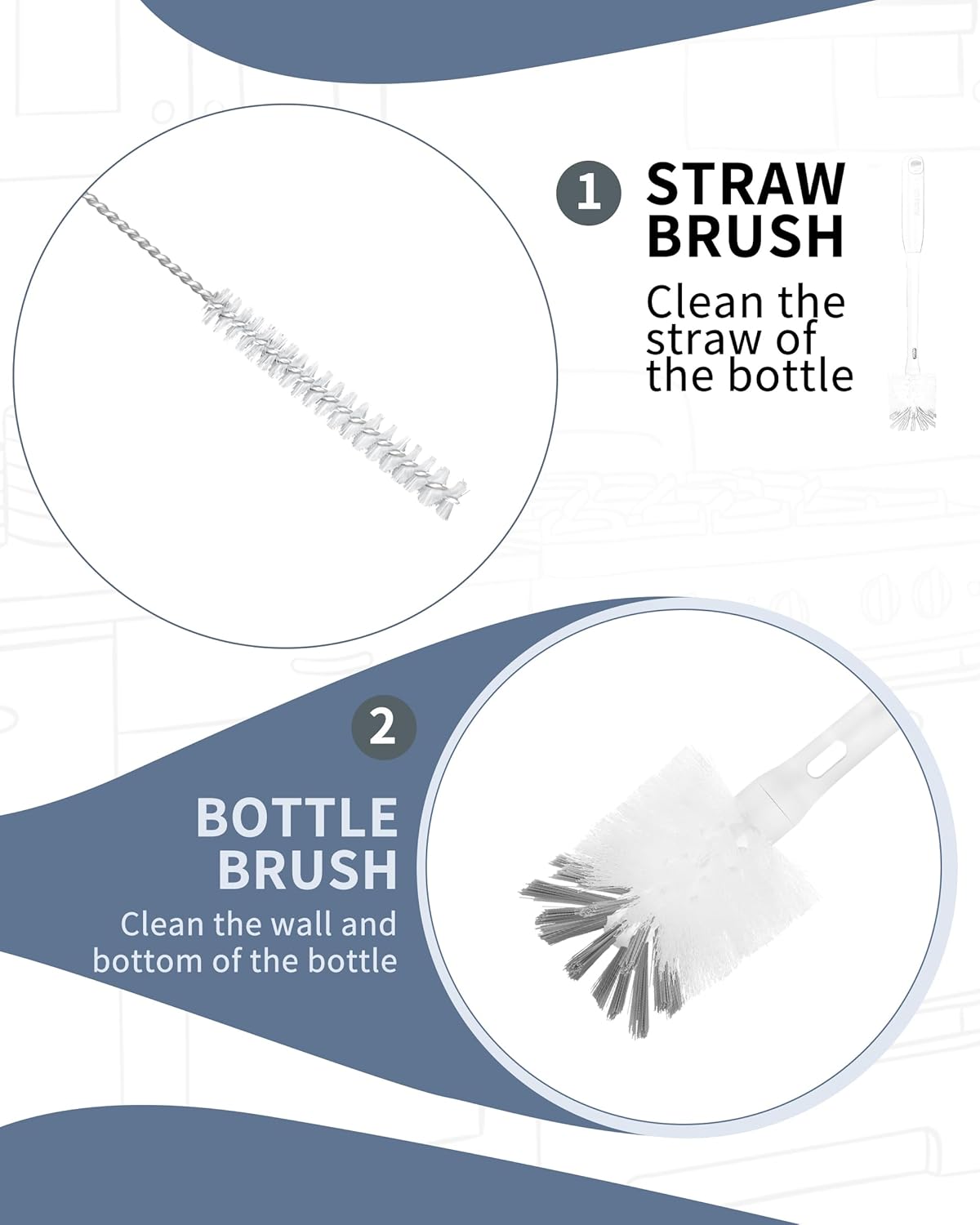 2 in 1 Long Handle Bottle Brush with Straw Brush for Cleaning Glass, Sports Bottle, Coffee Mug,Navy