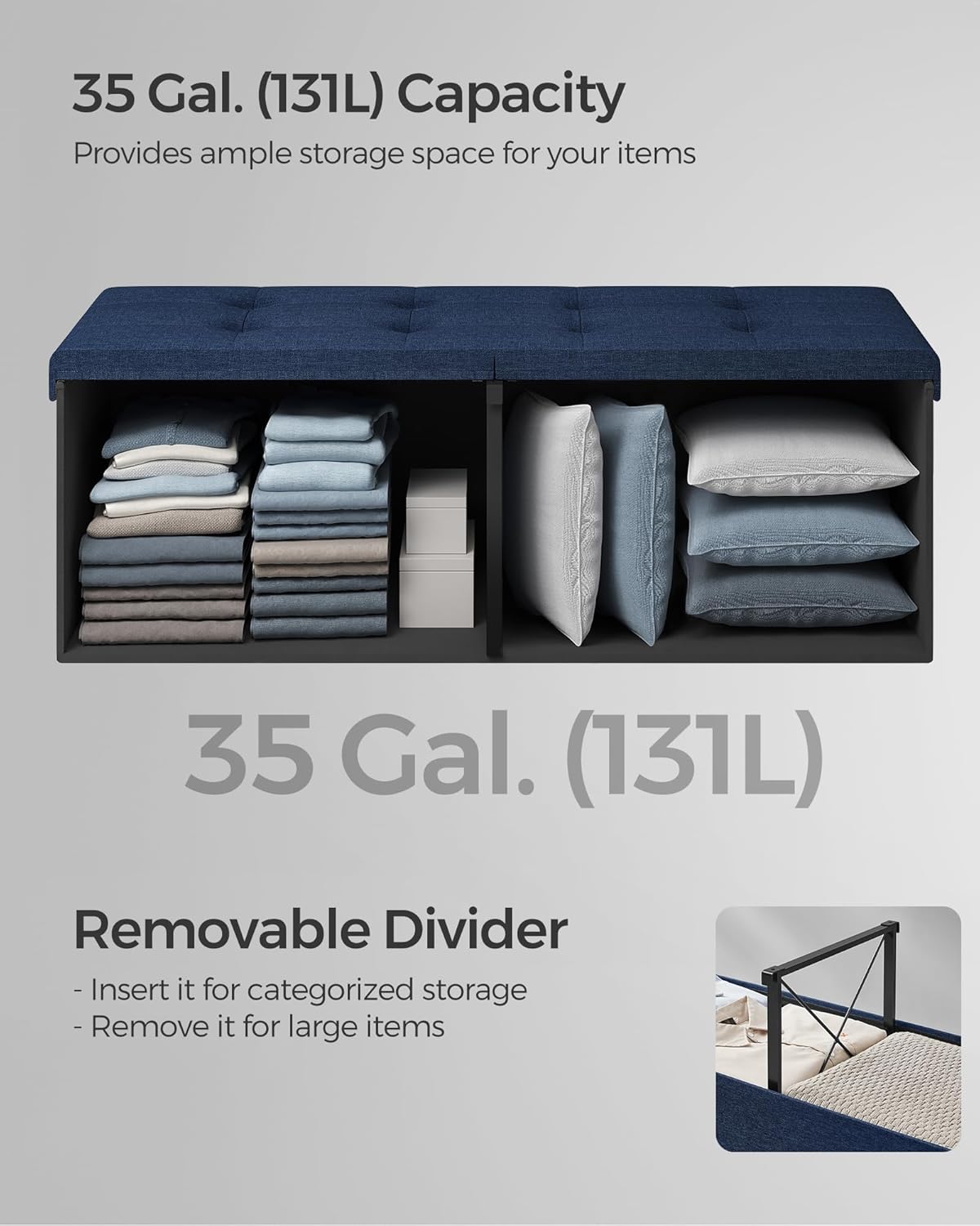 SONGMICS Mazie Collection - 43 Inches Storage Ottoman, Foldable Storage Bench with Flipping Lid