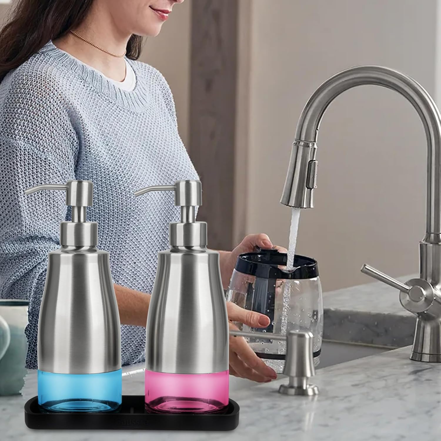 Gaussra Kitchen Soap Dispenser Set with Silicone Tray and Stickers - Brushed Nickel, Stainless