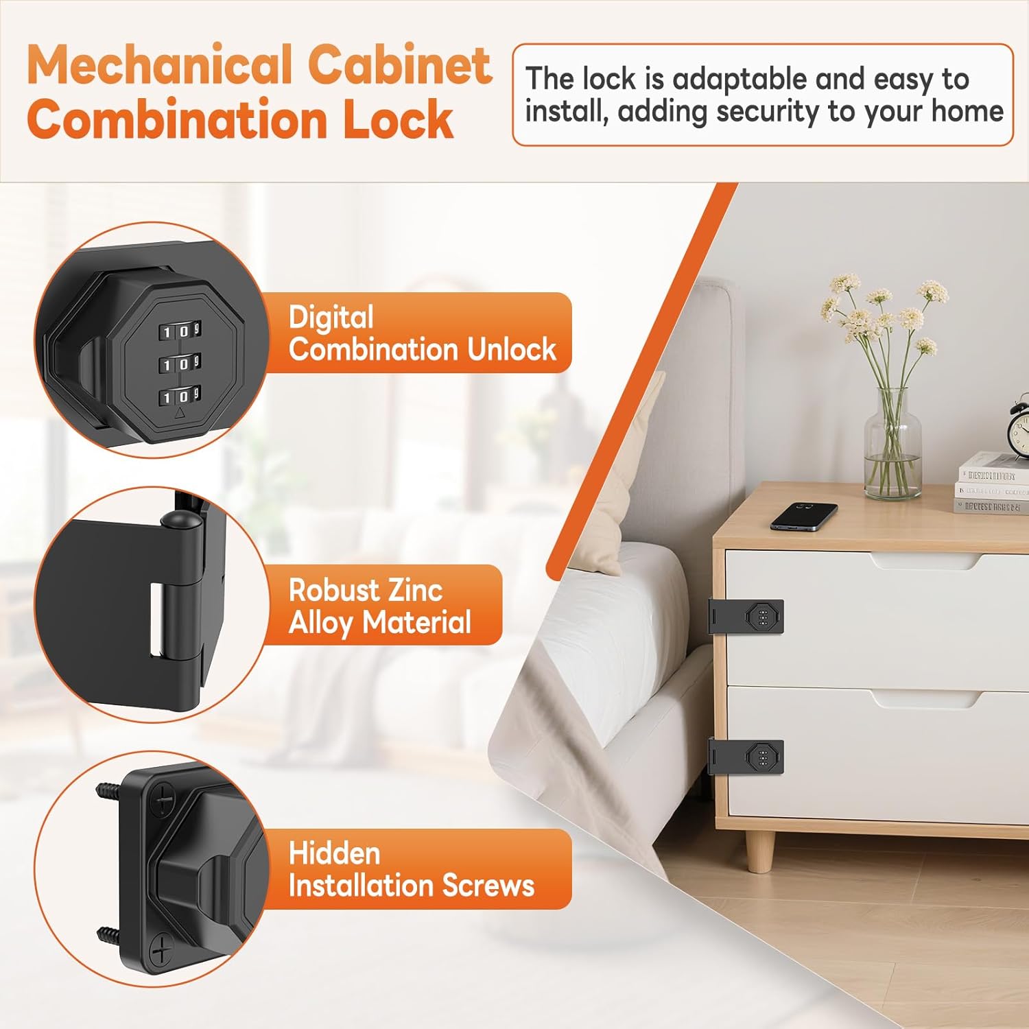 90 Degree 3-Digit Combination Cabinet Lock, Zinc Alloy Keyless Folding Hasp Lock Latch, Password