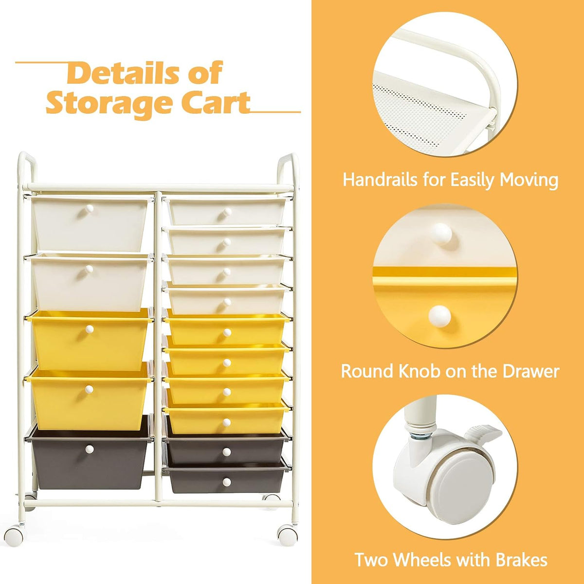 GOFLAME 15-Drawer Rolling Storage Cart, Multipurpose Movable Organizer, Utility Cart for Home