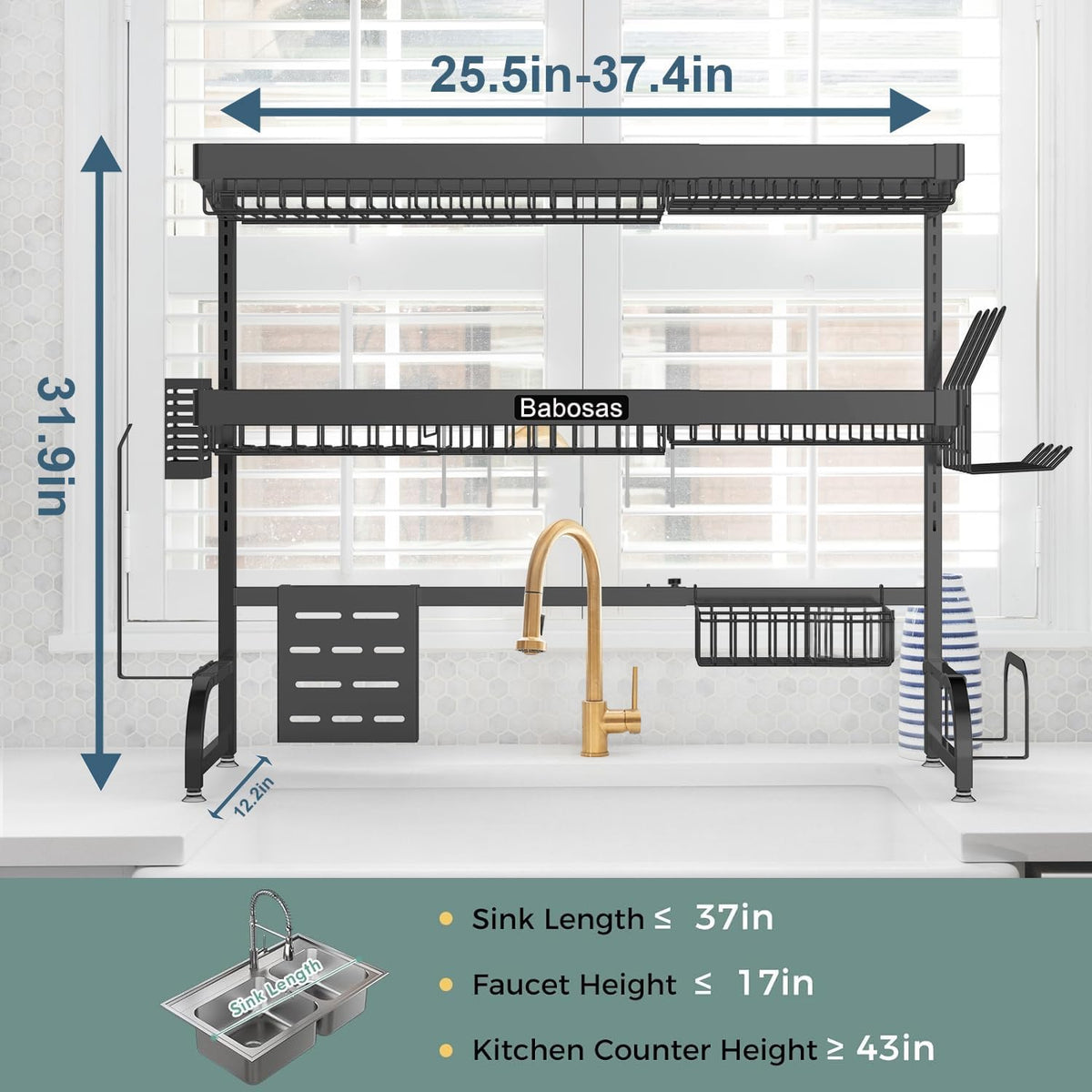 Over The Sink Dish Drying Rack,3 Tier Adjustable Length (25.5'' to 37.4'') Full Stainless Steel