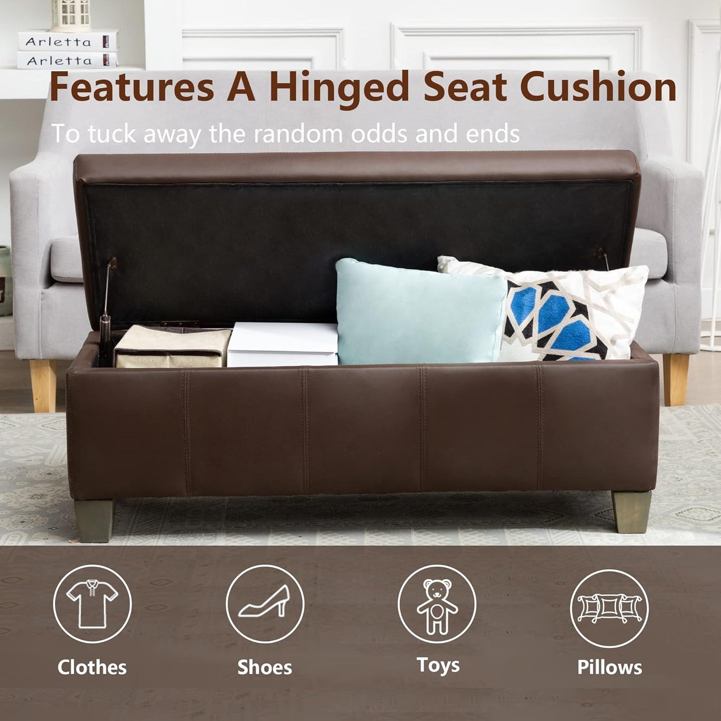 Brown Faux Leather Ottoman with Storage, Rectangular Extra Long Storage Bench for Bedroom and
