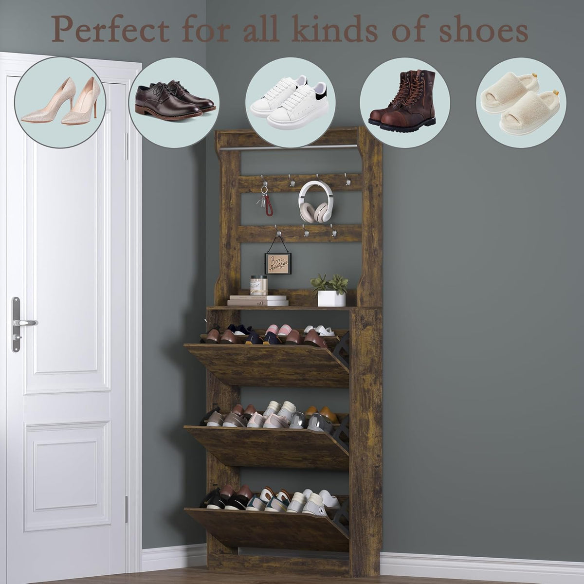 Shoe Cabinet with 3 Flip Drawers & Coat Rack, Narrow Hidden Shoe Storage Cabinet, 2-in-1 Hall Tree