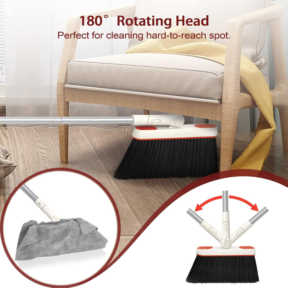JEHONN Broom and Dustpan Set for Home, Long Handle Lightweight 180 Degree Rotating Broom Set