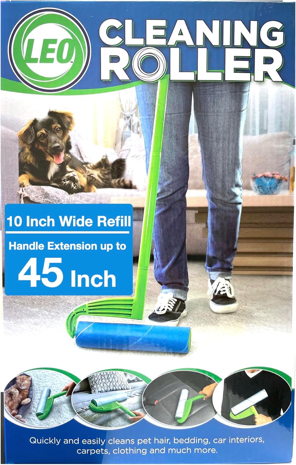 Leo 10-Inch Wide Lint Roller with Extendable Handle, Includes 1 Refill (25 Sheets), Extra Sticky