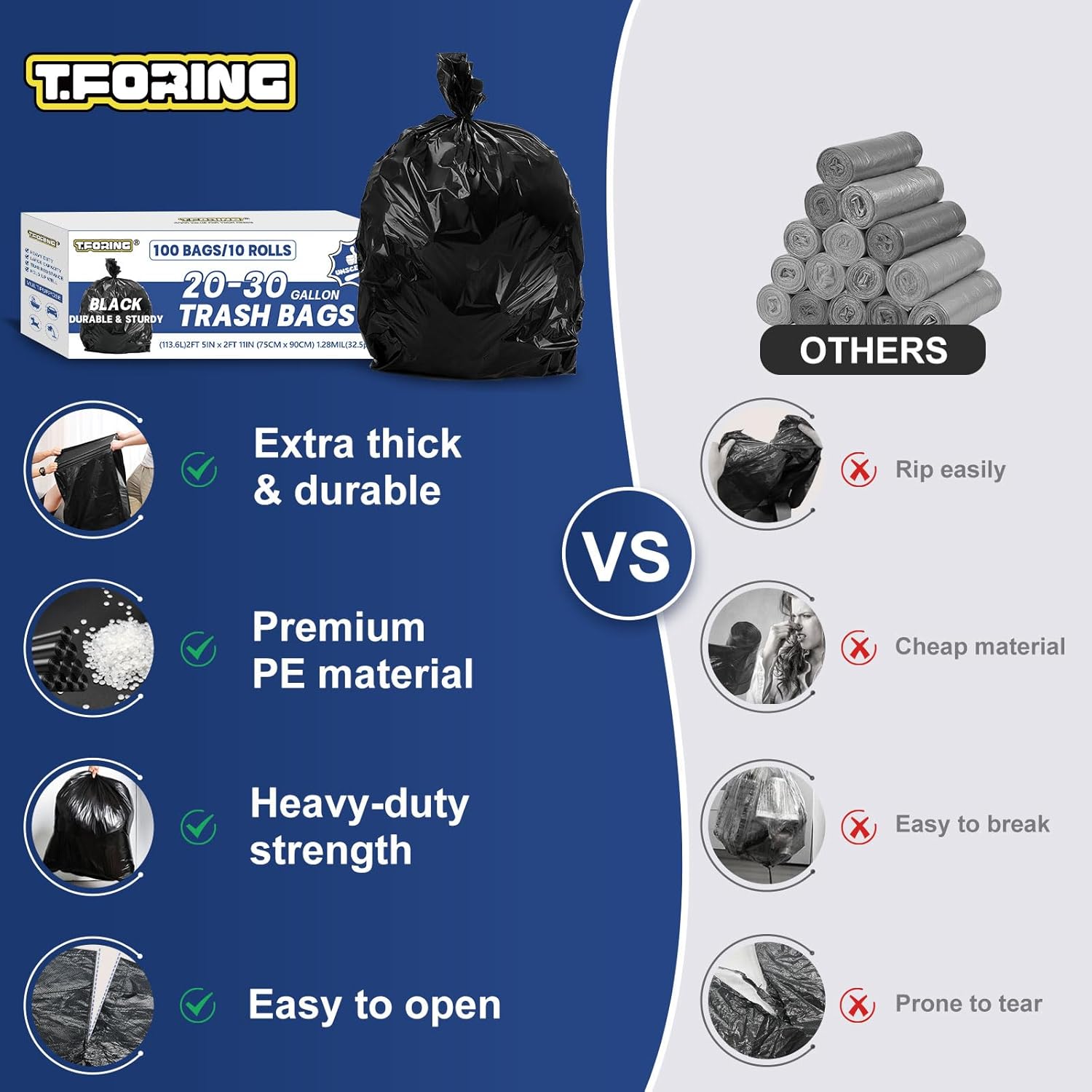 20-30 Gallon Trash Bags Black - 1.28 Mil Thick,30" x 35" Large Garbage Bags 100 Count，20+ Gallon