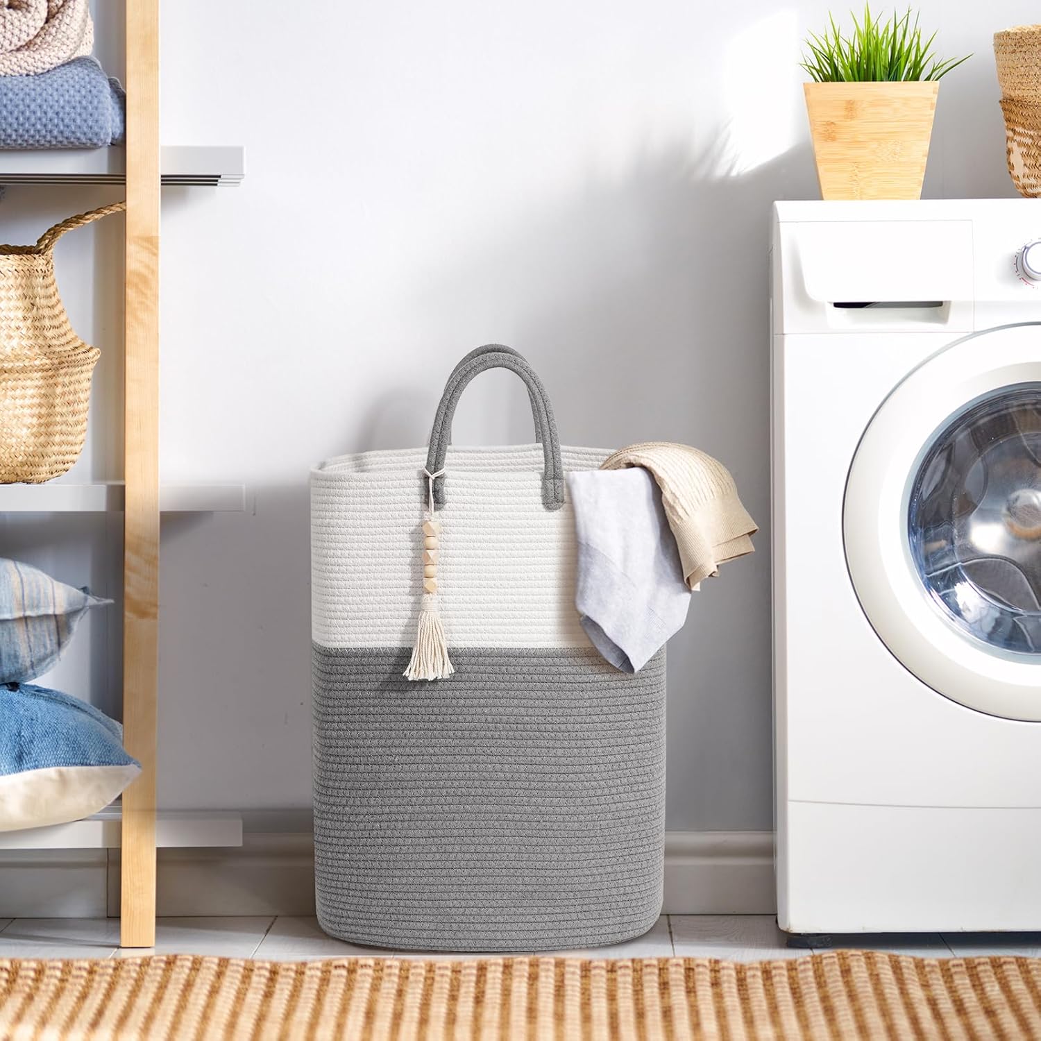 Woven Laundry Basket for Clothes, 100L Large Rectangle Laundry Hampers with Beads Tassel, Nursery