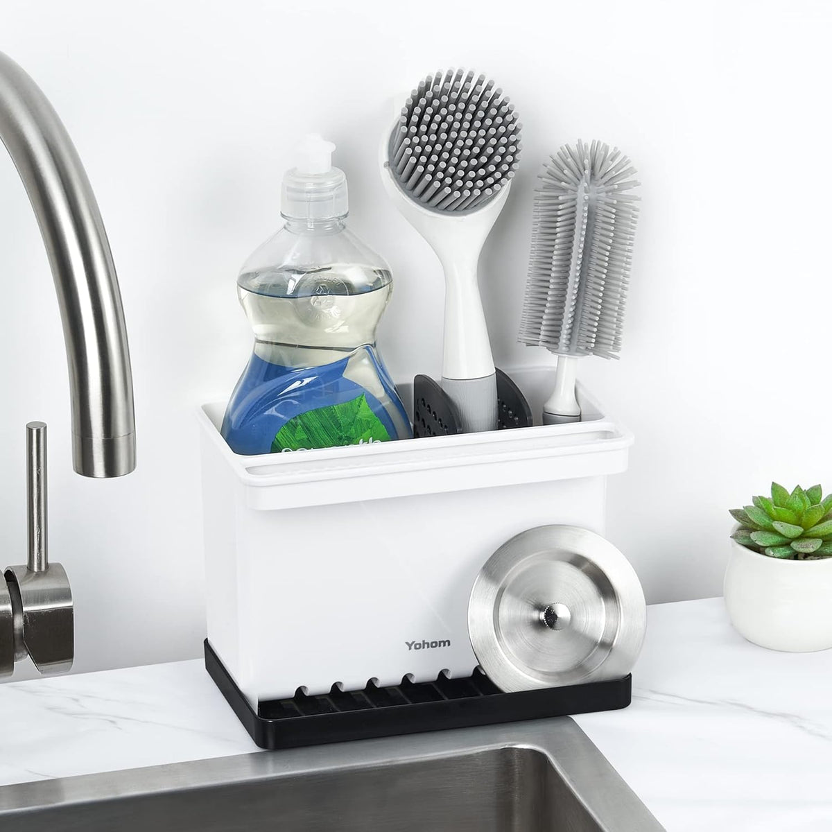 YOHOM Kitchen Sponge Brush Holder for Sink Black Dish Sponge Caddy Countertop Organizer Plastic