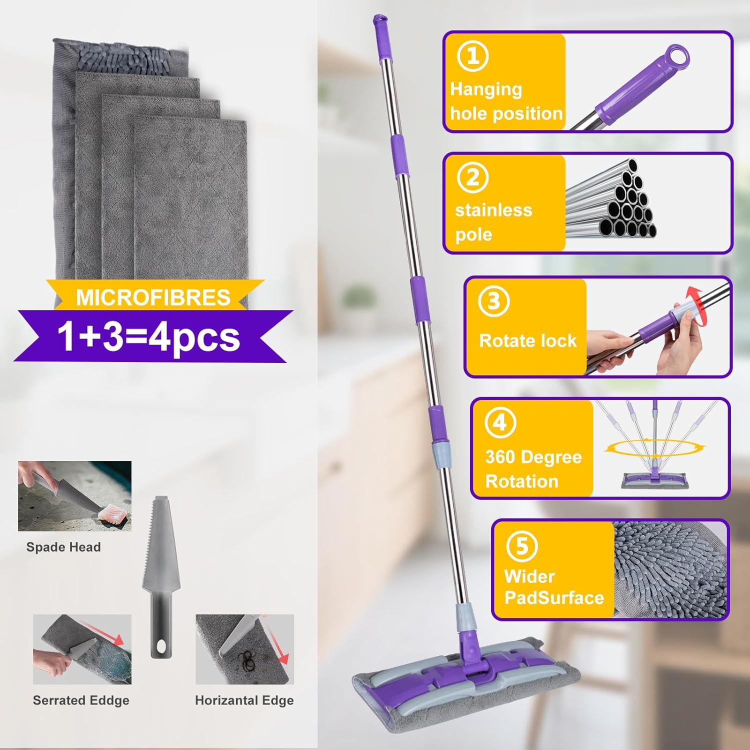 ITTAHO Microfiber Flat Mop Floor Cleaning System,Wet & Dry Dust Mopping with Stainless Steel