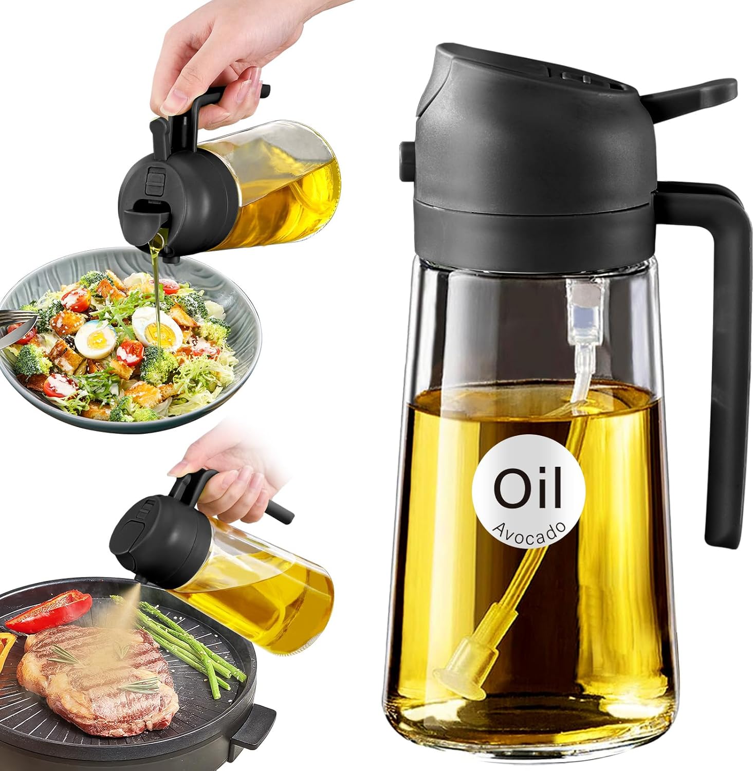 YARRAMATE 16oz/470ml Glass Olive Oil Sprayer for Cooking with Stickers, 2 in 1 Oil Dispenser for