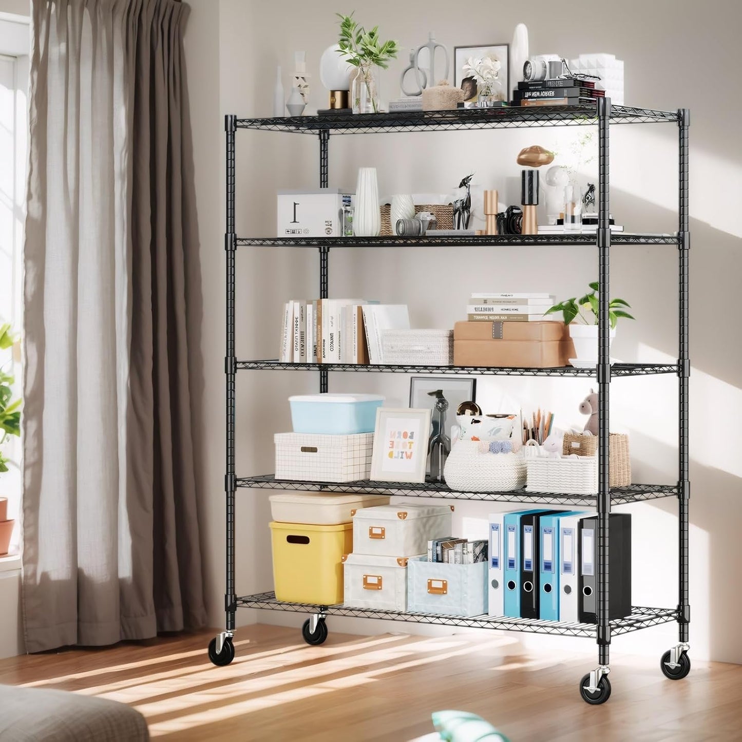 Himimi 82" H Storage Shelves 5 Tier Metal Shelving Adjustable Wire Shelf with Wheels, Heavy Duty