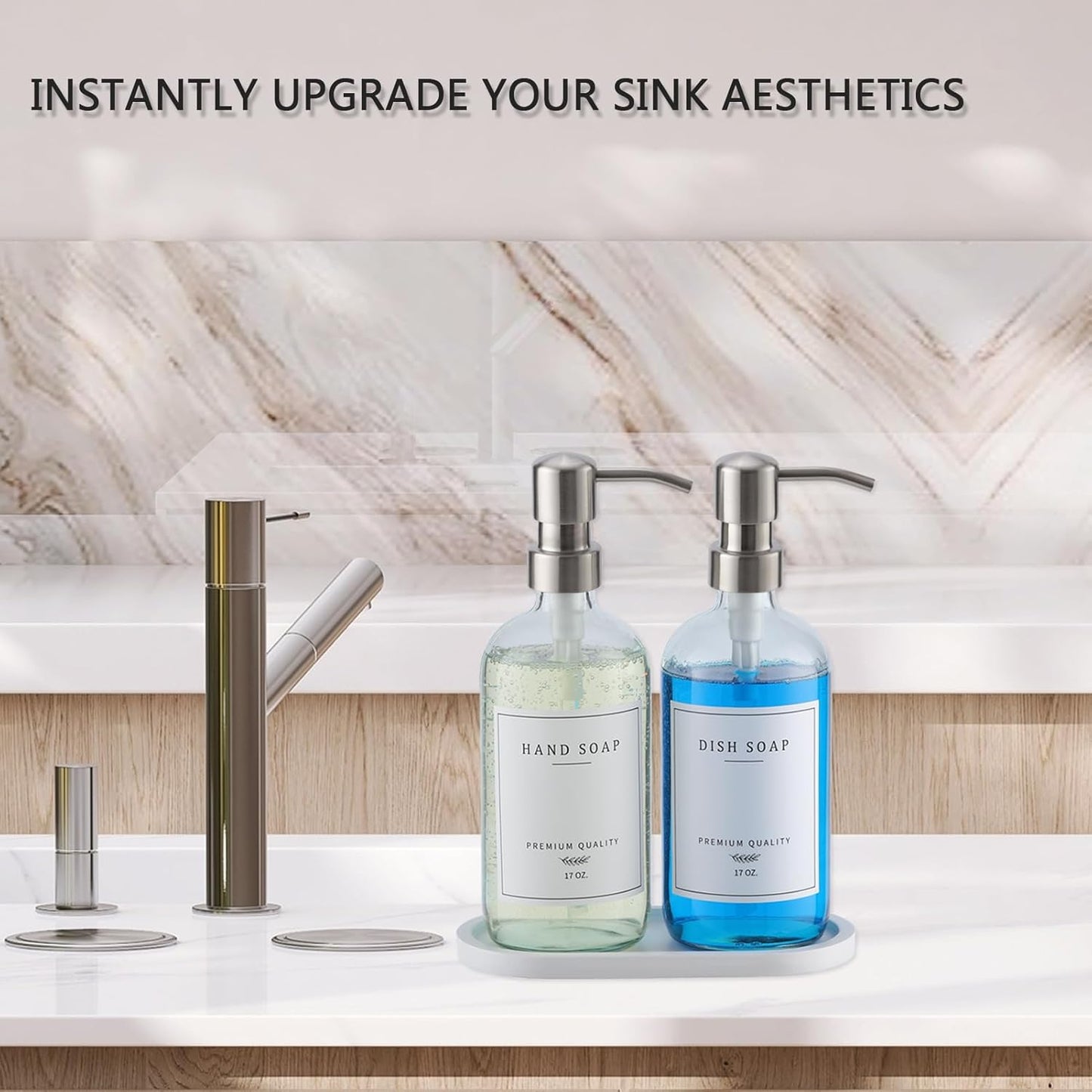 Glass Soap Dispenser - Dish Hand Soap Dispenser Set for Kitchen, Bathroom Soap Lotion Dispenser