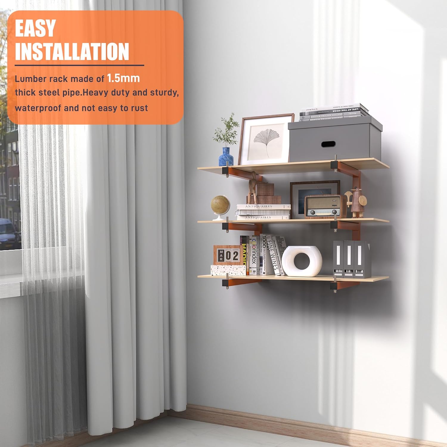 Lumber Rack Wall-Mounted Lumber Storage Rack, Heavy Duty Wood Storage Racks with 9-Level System
