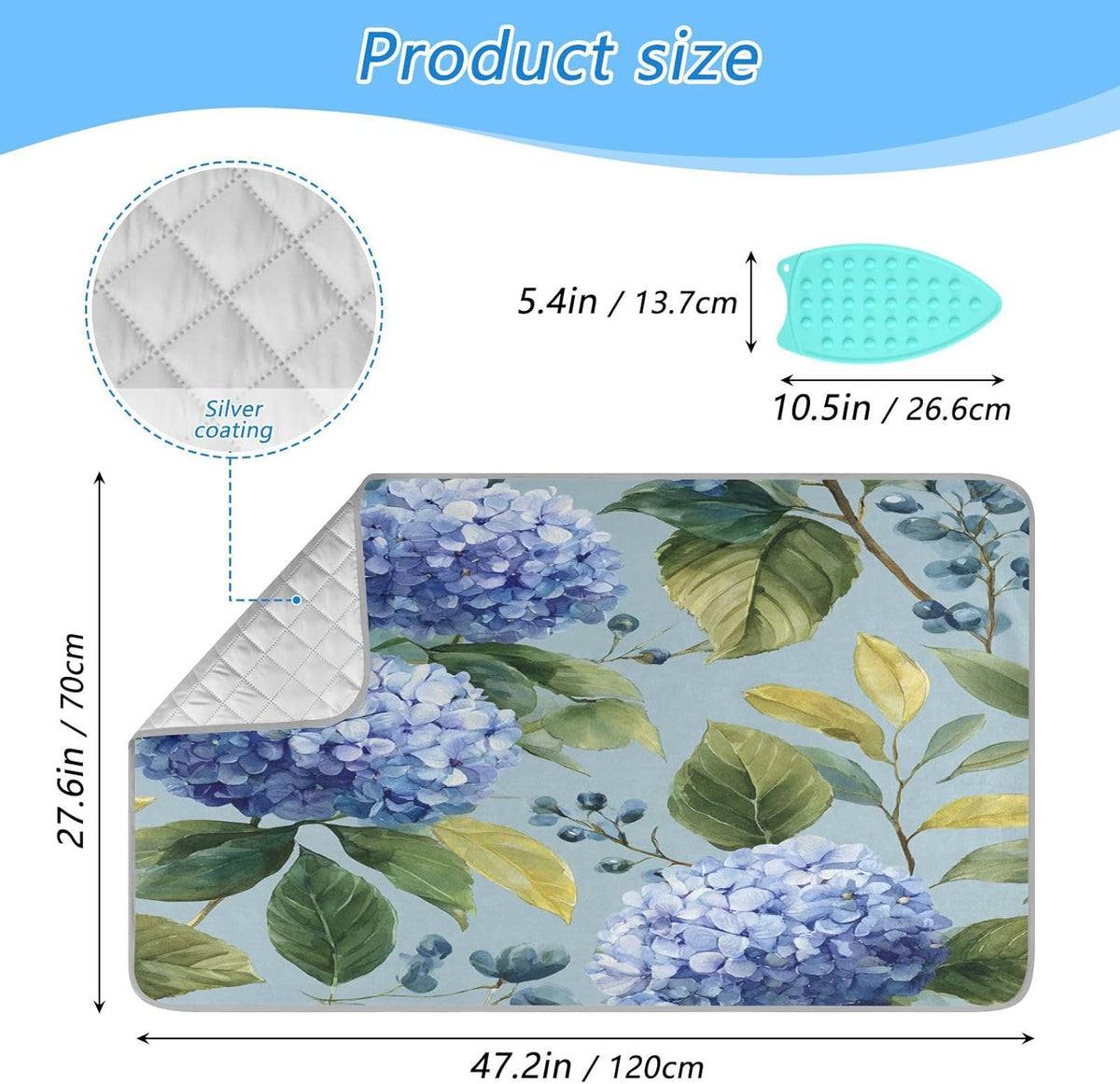 Watercolor Blue Hydrangea Ironing Mat Thickened Ironing Blanket Travel Portable Double-Side Using
