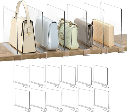 Shelf Dividers Purse Organizer for Closet: 12-Pack Acrylic Bag Storage Organizer for Handbags