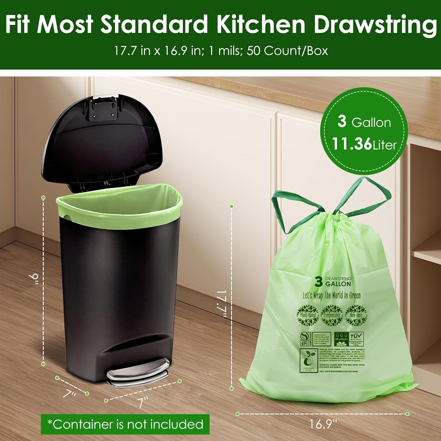 3 Gallon Compostable Trash Bags with Drawstring, Heavy Duty Extra Thick 1 Mil, 11.36 Liter, 50