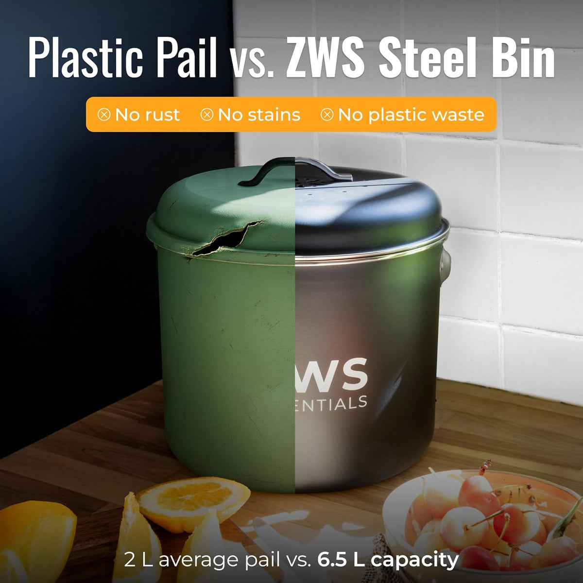 Black Stainless Steel Compost Bin | 6.5L Odor-Free Kitchen Countertop Food Scrap Pail with Charcoal