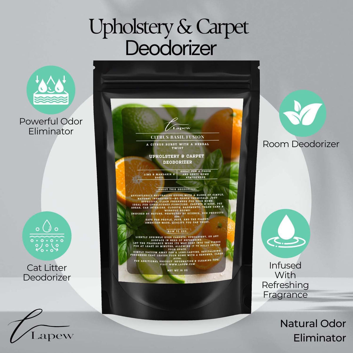 Citrus Basil Fusion Carpet Freshener Powder: Powerful Odor Eliminator for Home, Upholstery