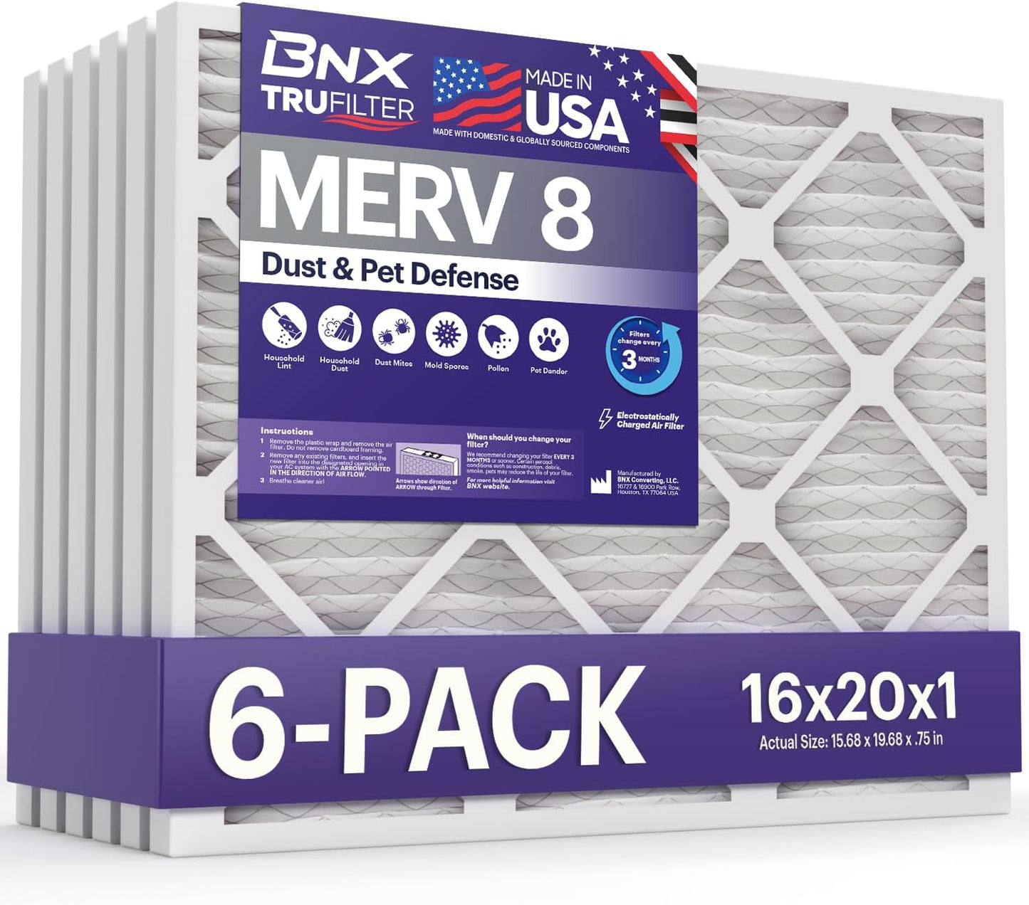 BNX TruFilter 16x20x1 Air Filter MERV 8 (6-Pack) - MADE IN USA – Dust & Pet Defense Electrostatic