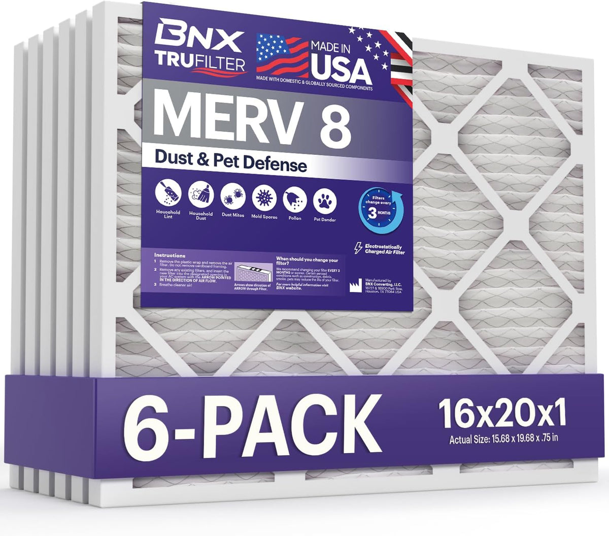 BNX TruFilter 16x20x1 Air Filter MERV 8 (6-Pack) - MADE IN USA – Dust & Pet Defense Electrostatic