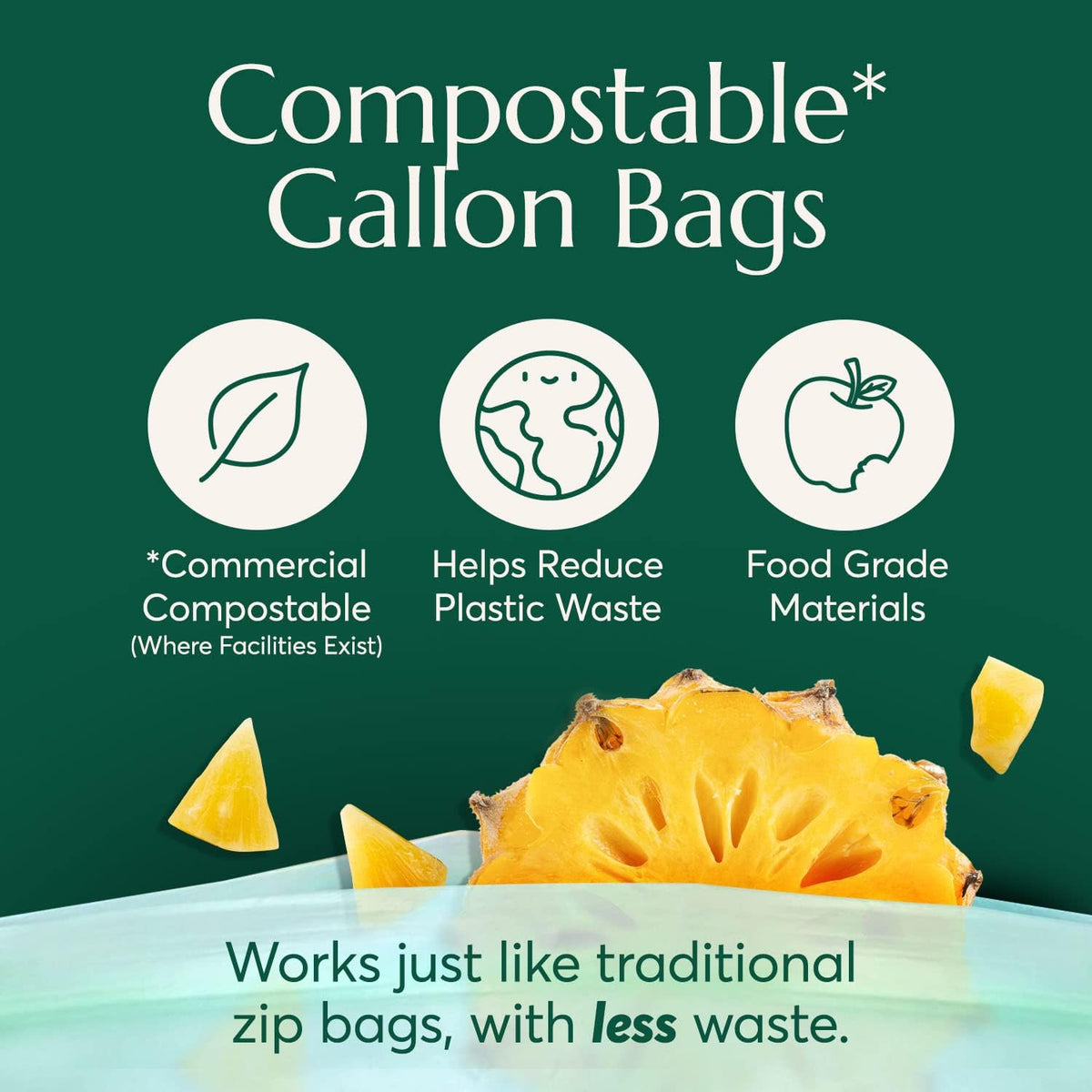 Cleanomic Compostable* Gallon Size Food Storage Bags (25 Eco Zip) Freezer and Leak Proof, Also
