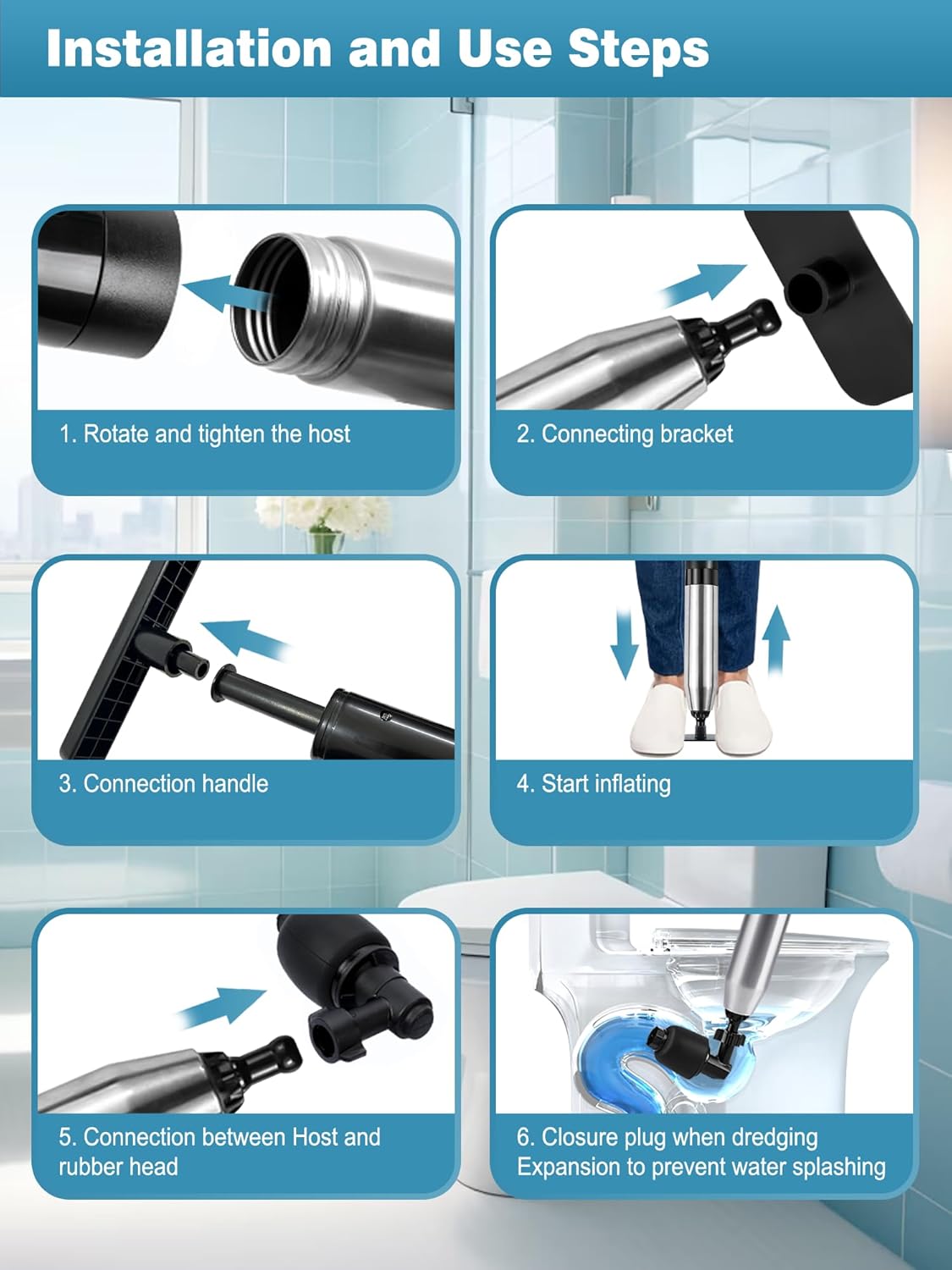 Toilet Plunger Drain Clog Remover Tool, High-Pressure Drain Snake Sink Plunger with Real-Time