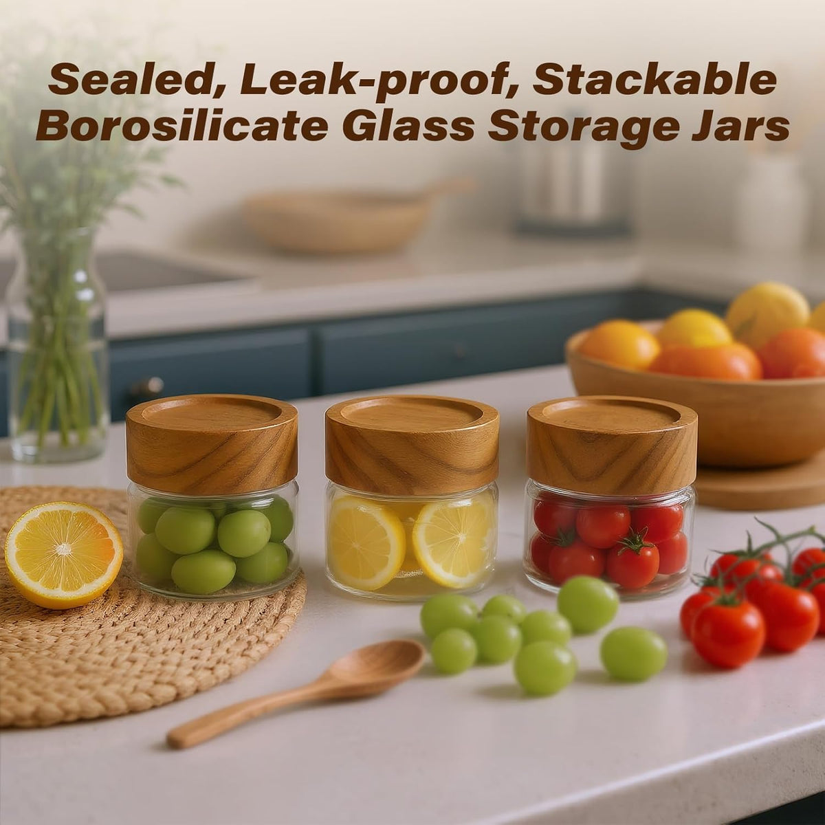 6-Pack 4 oz Stackable Airtight Glass Canisters with Acacia Lids - Small Mason Jars for Overnight