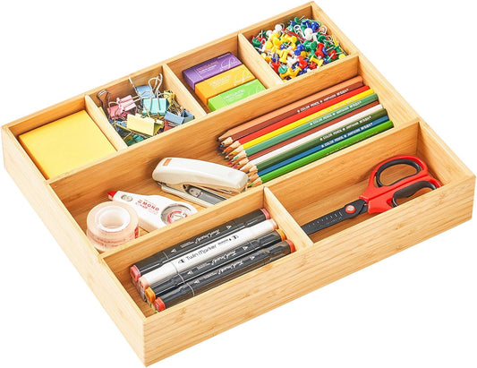 Umilife Large Bamboo Desk Drawer Organizer, Wood Junk Organizer Tray with Adjustable Dividers