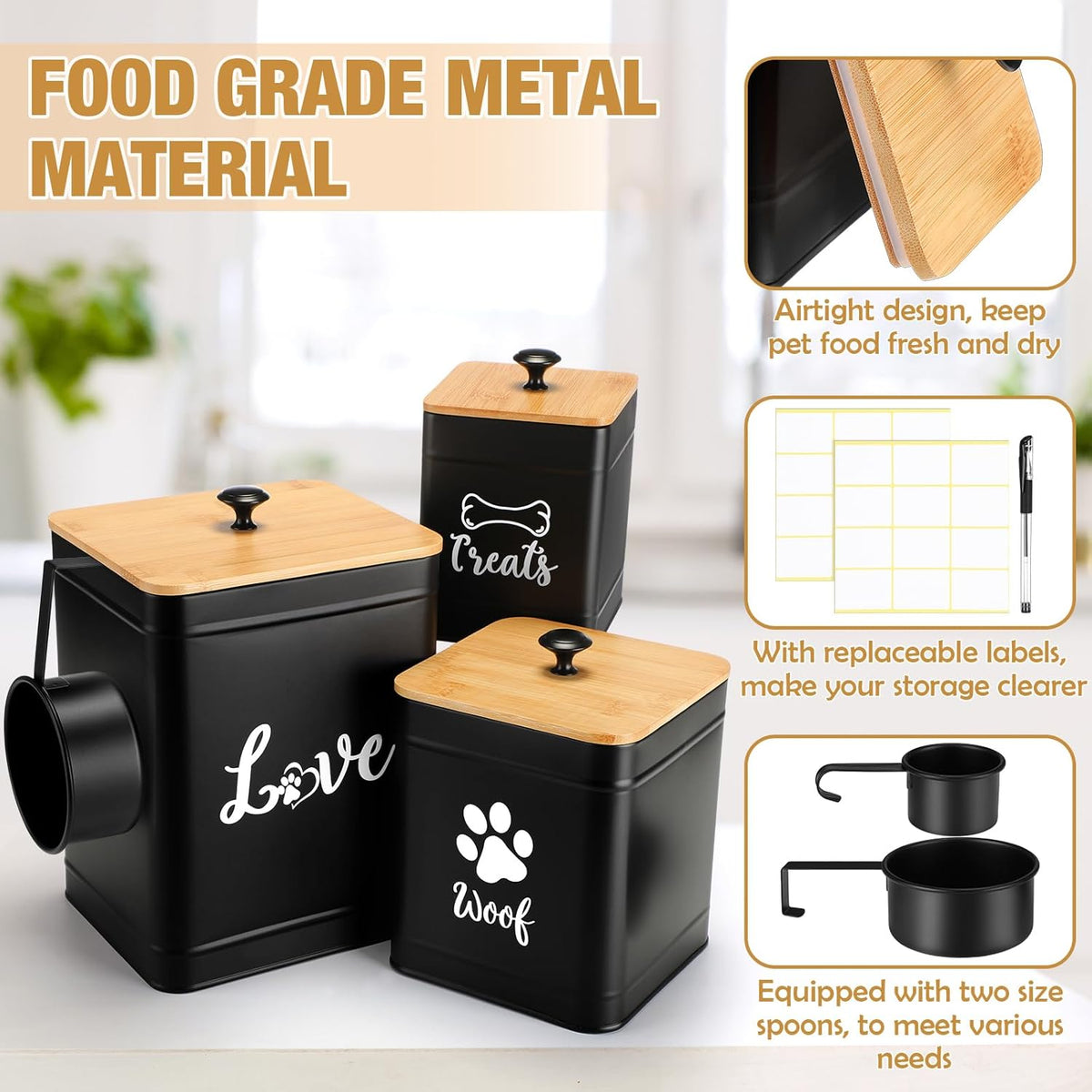 Metal Dog Treat Containers Set of 3 with Bamboo Lids and Spoon Airtight 7+3+2 lbs Dog Food Snack