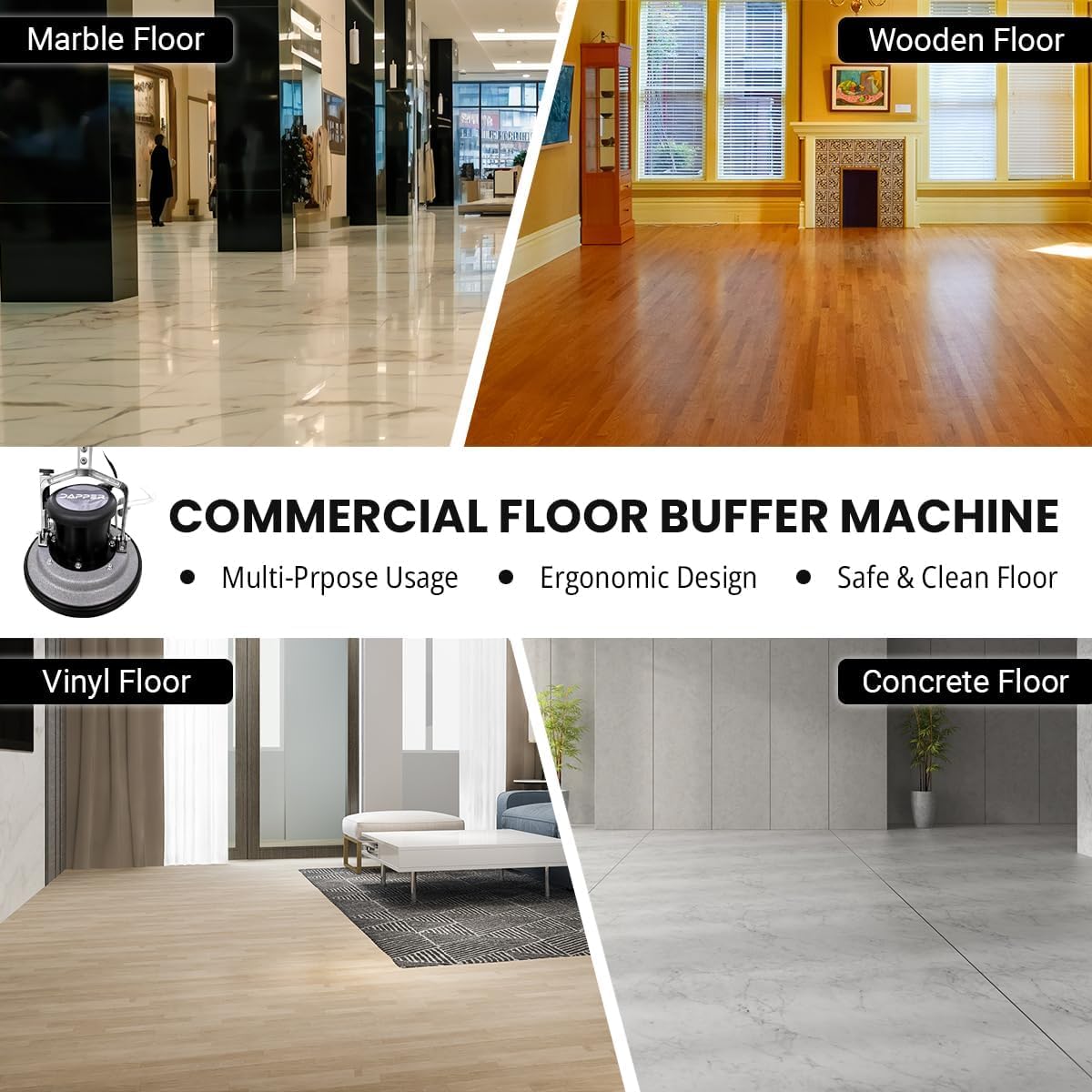 13" Heavy-duty Multi-Functional Floor Buffer Polisher Machine - Clean, Buff, Scrubb and Polish with