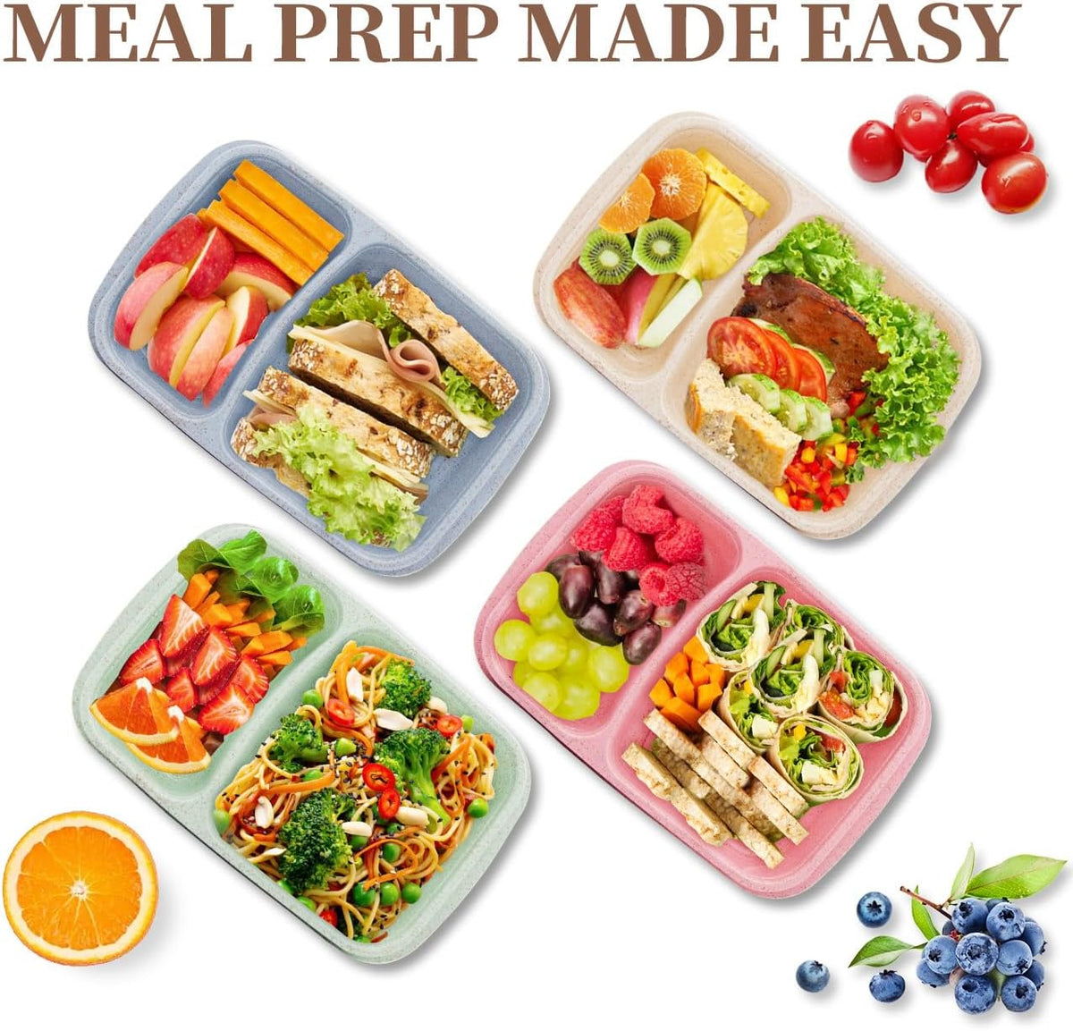 4 pack Bento Lunch Box, 2 Compartments Meal-Prep Containers with Lids, Microwave & Dishwasher Safe