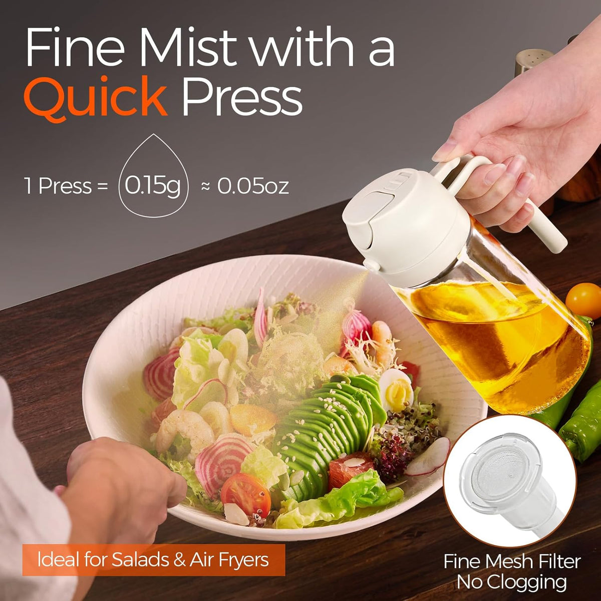 YARRAMATE 2Pcs 16oz/470ml 2 in 1 Oil Sprayer for Cooking with Stickers, Food-grade Glass Oil Spray