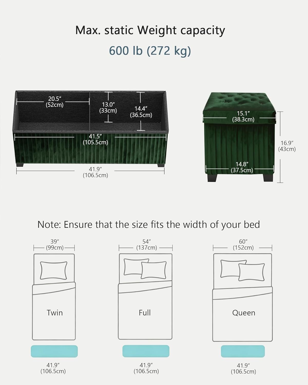 Storage Ottoman Bench, 43 Inch Foldable Ottoman with Legs, Velvet Foot Rest Stool, End of Bed