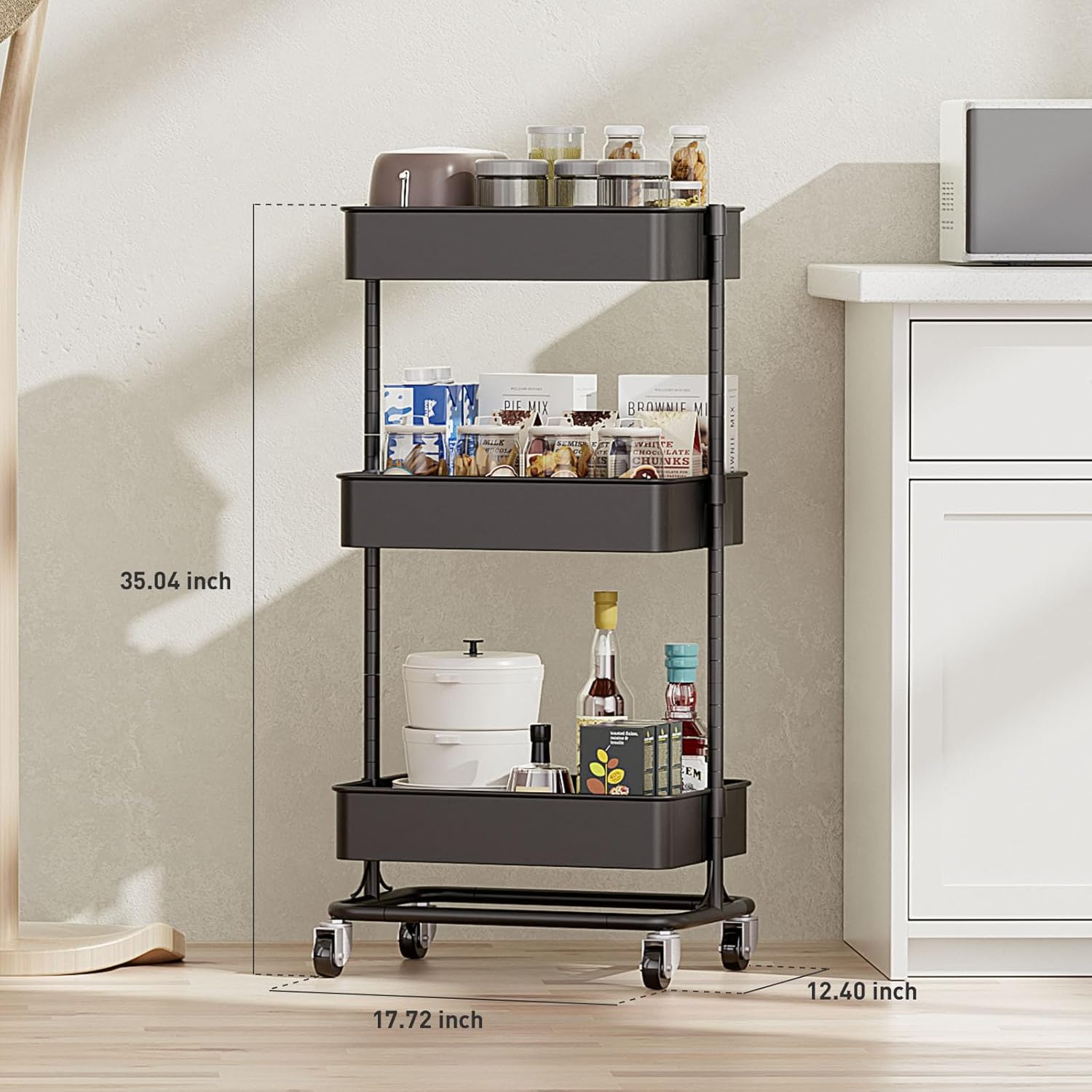 3 Tier Modern Metal Rolling Tool Cart with Silent Casters, 17.72×12.40×35.04 inch Heavy Duty