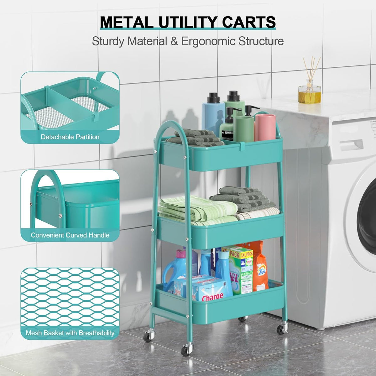 EAGMAK 3 Tier Utility Rolling Cart, Metal Storage Cart with Handle and Lockable Wheels