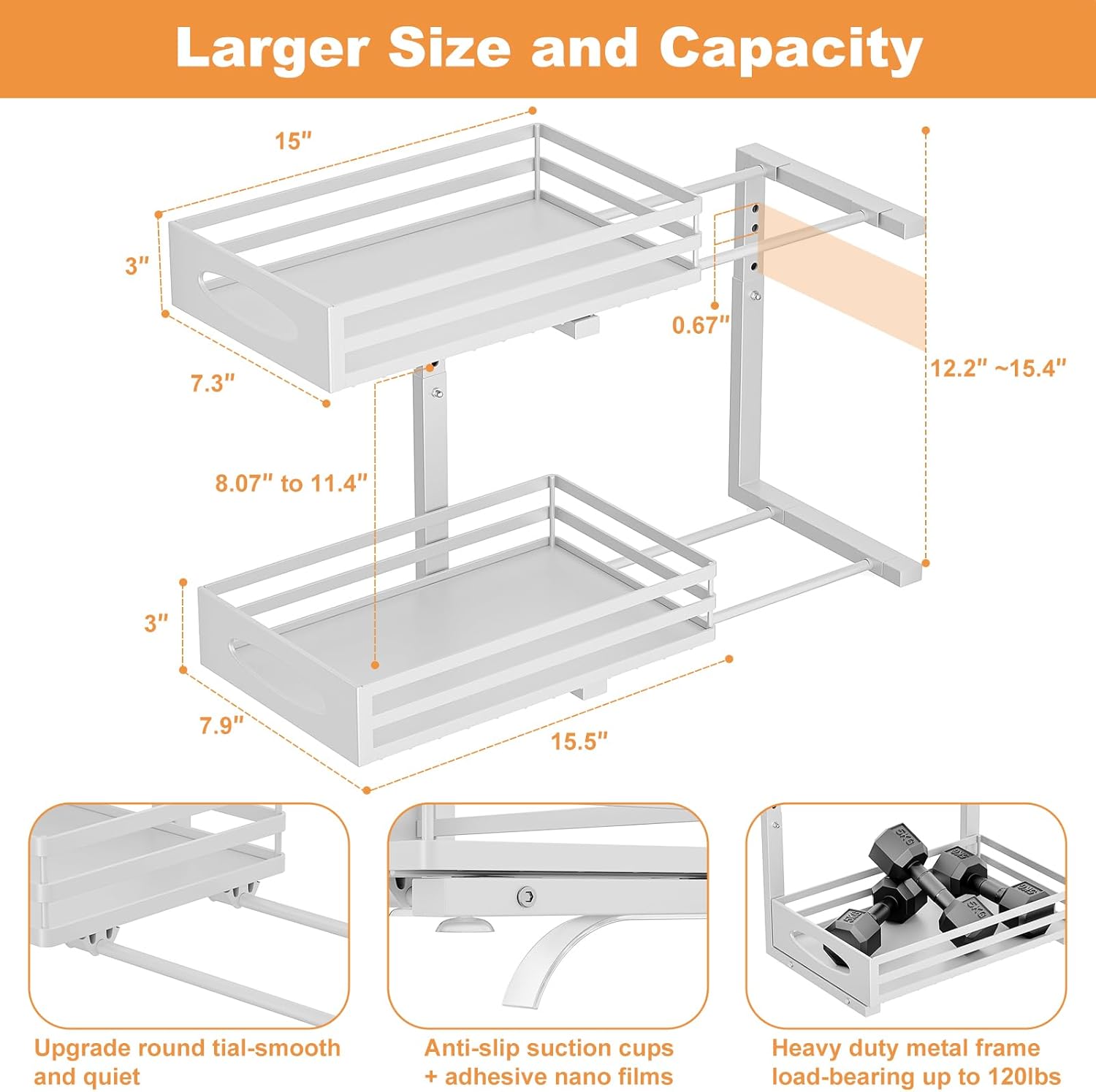 Under Sink Organizer, 2 Tier Under Sink Organizers and Storage, Adjustable Height, Slide out Metal