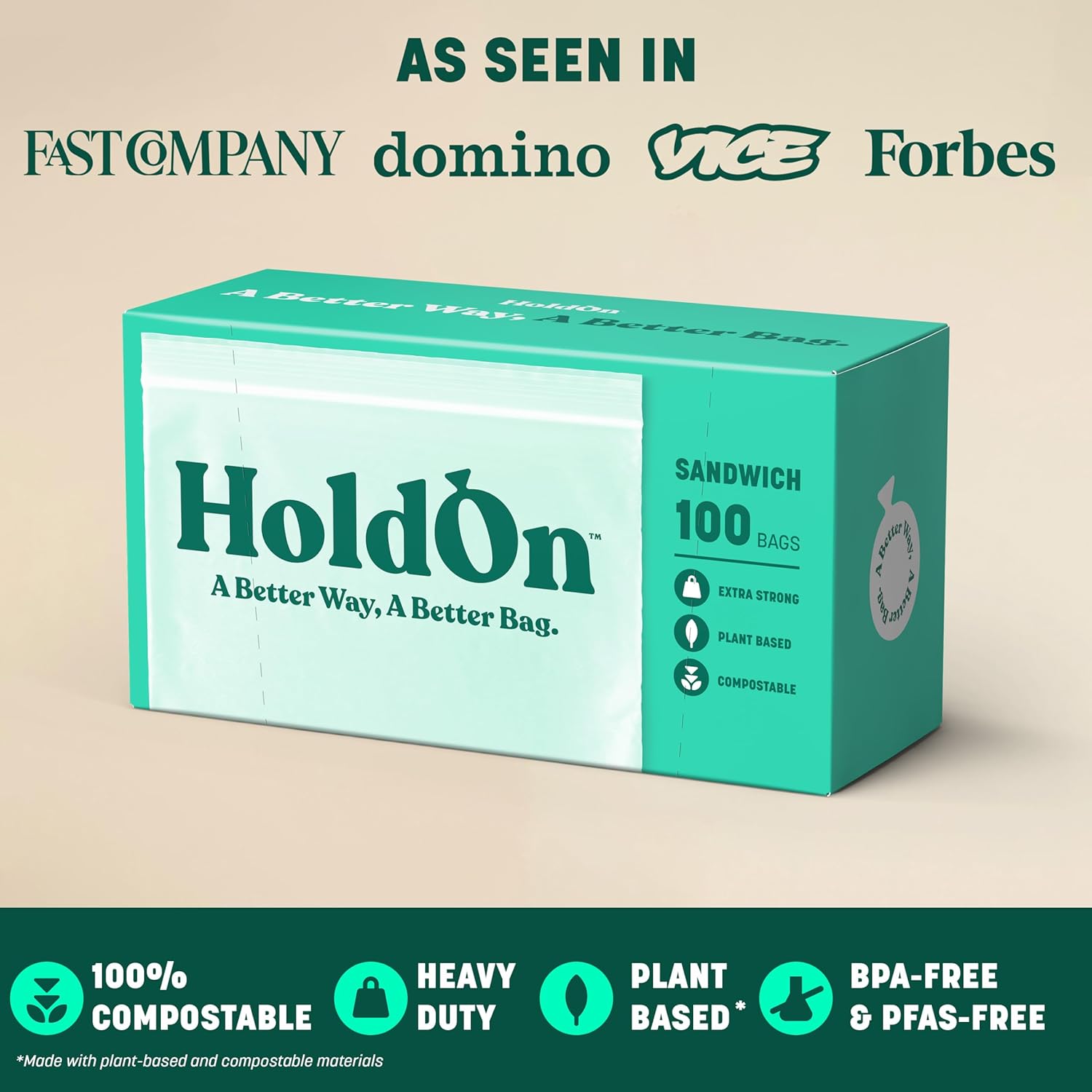 HoldOn Zipseal Sandwich Bags – Compostable, PFOA-Free, BPA-Free, Food-Safe Zip Seal Food Storage