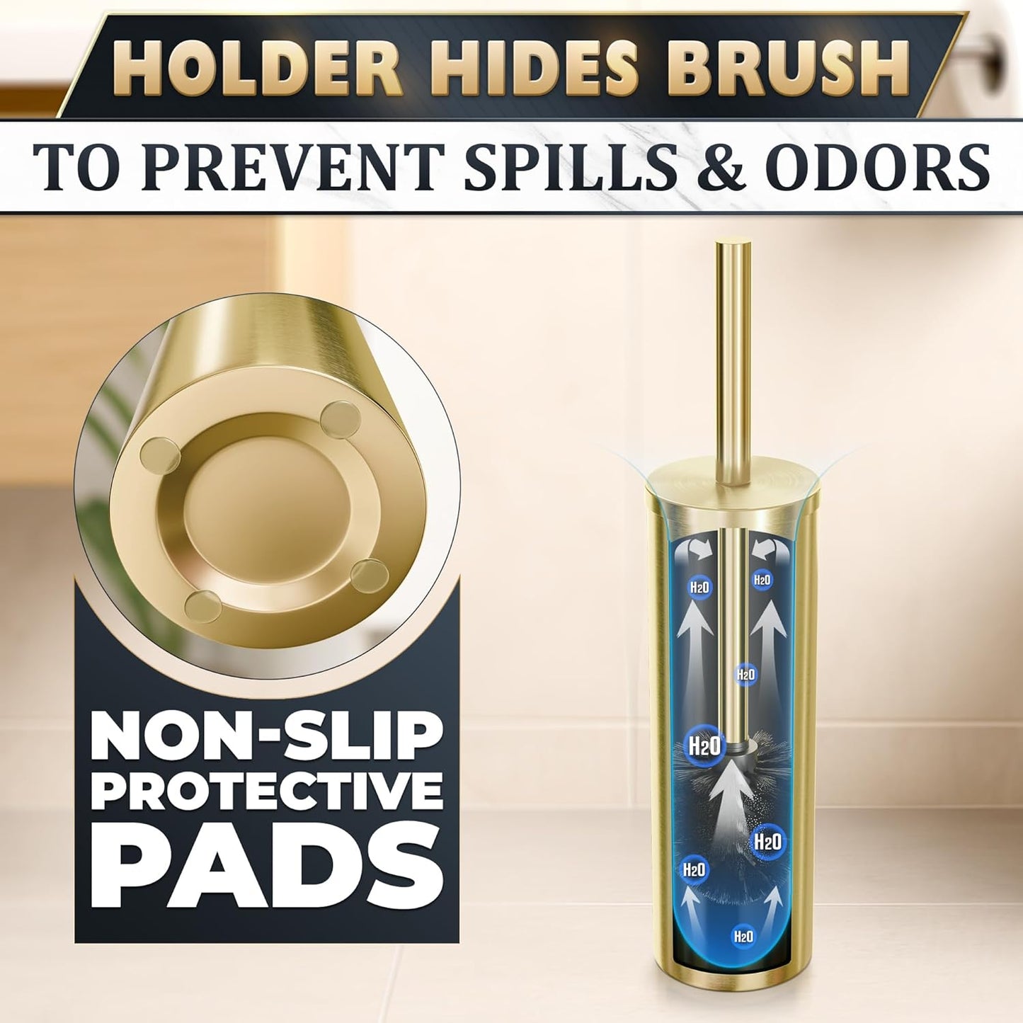 Gold Toilet Brush and Holder Set - Brushed Stainless Steel Gold Toilet Bowl Brush and Holder with