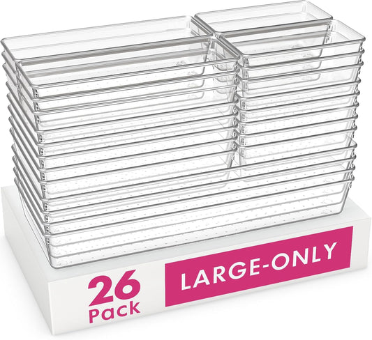 Criusia 26 Pack Large Clear Plastic Drawer Organizer Bins -5 Size Heavy Duty Acrylic Kitchen Drawer