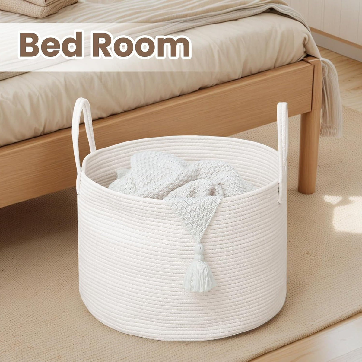 Woven Blanket Basket,65L Large Rope Storage Bin with Handles, Organizer for Blankets Toys Book and
