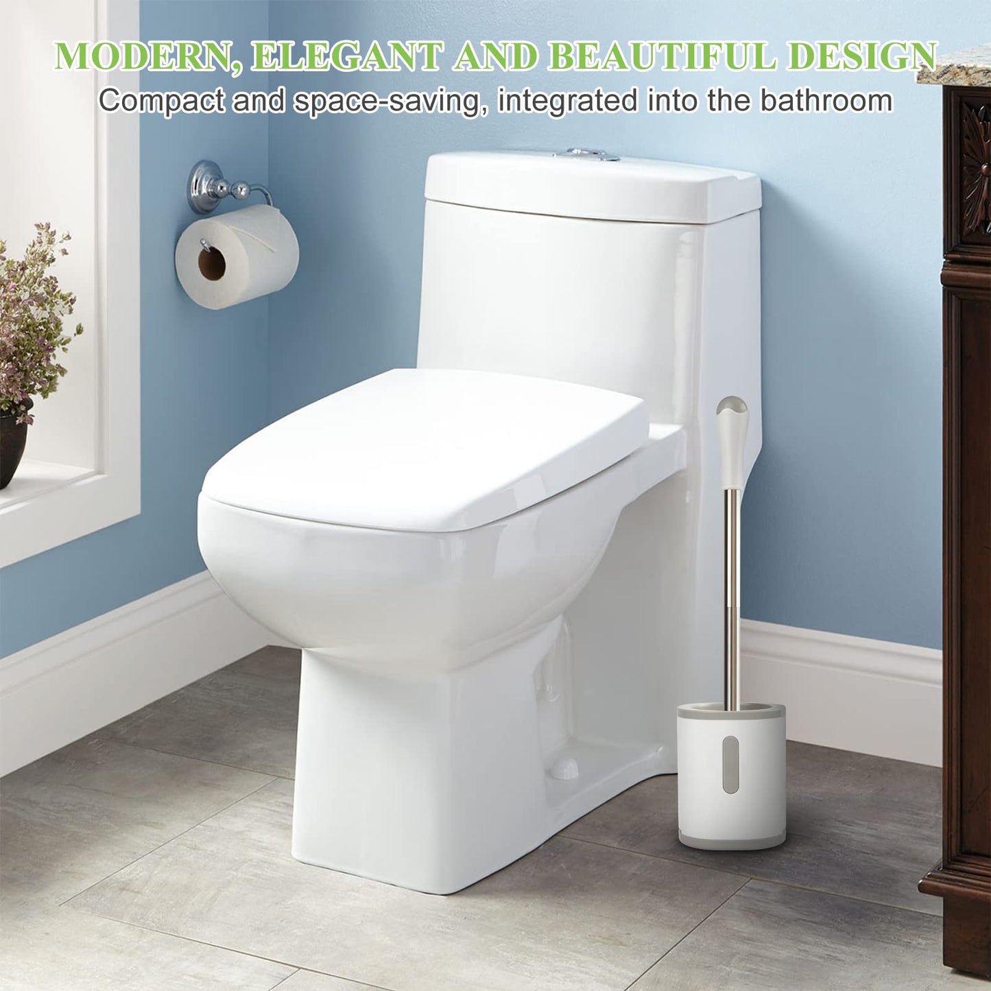 AONEZ Compact Toilet Brush & Holder, Stainless Steel Handle, White & Grey – view 6
